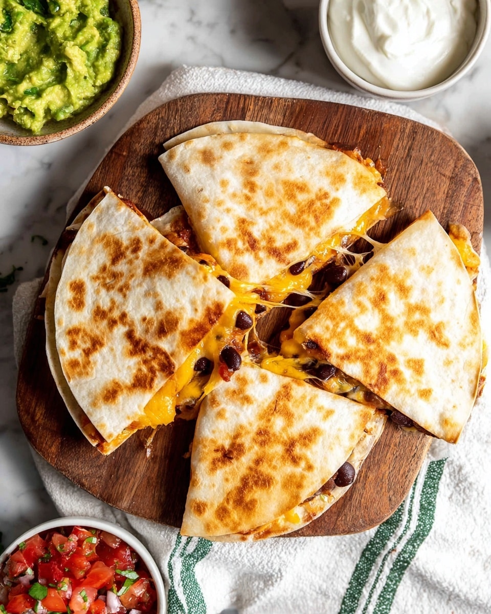 A white plate holds six golden-brown quesadilla wedges arranged in a circular pattern, each showing a crispy texture with some melted cheese and black beans peeking out from the edges. On top in the center, there are three dollops placed side by side: bright green guacamole with a chunky texture, white sour cream with a smooth look, and a colorful mix of red diced tomatoes, green cilantro, and white onion pieces. Some cilantro leaves are sprinkled on the quesadilla pieces, adding a fresh green touch. In the background, two white bowls are slightly out of focus, one filled with more guacamole and the other with chunky tomato salsa. The dish rests on a white marbled surface. Photo taken with an iphone --ar 4:5 --v 7