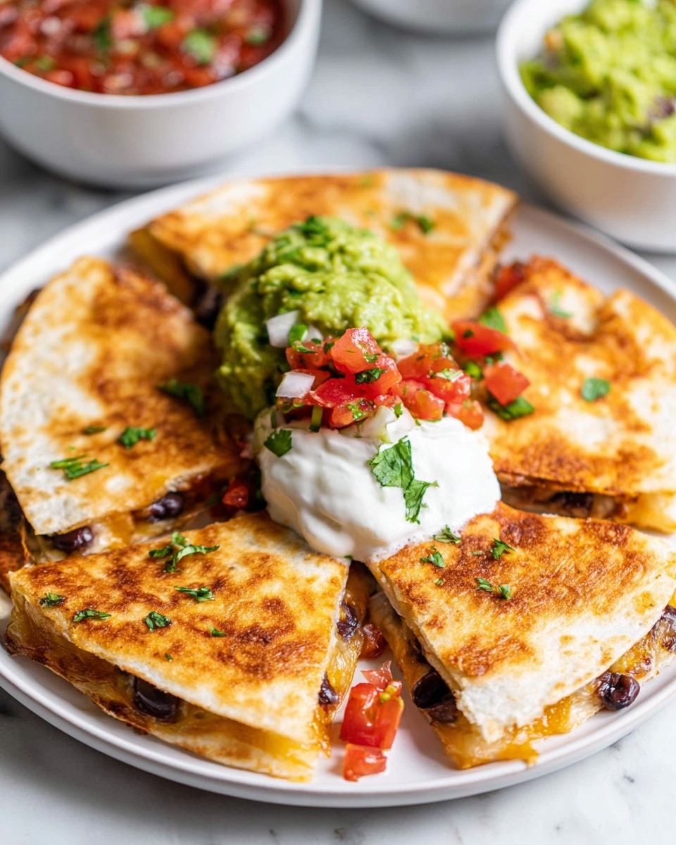 The image shows four folded quesadilla pieces cut into triangles on a wooden board over a white marbled surface. Each quesadilla has a golden brown toasted outer layer with some darker spots, and melted yellow cheese stretching between the pieces. Inside, there are black beans and melted cheese visible. Around the board, there are three white bowls: one with green guacamole, one with red and white salsa made of chopped tomatoes, onions, and cilantro, and one partially visible with white sour cream. A white cloth with green stripes is placed under the board. photo taken with an iphone --ar 4:5 --v 7