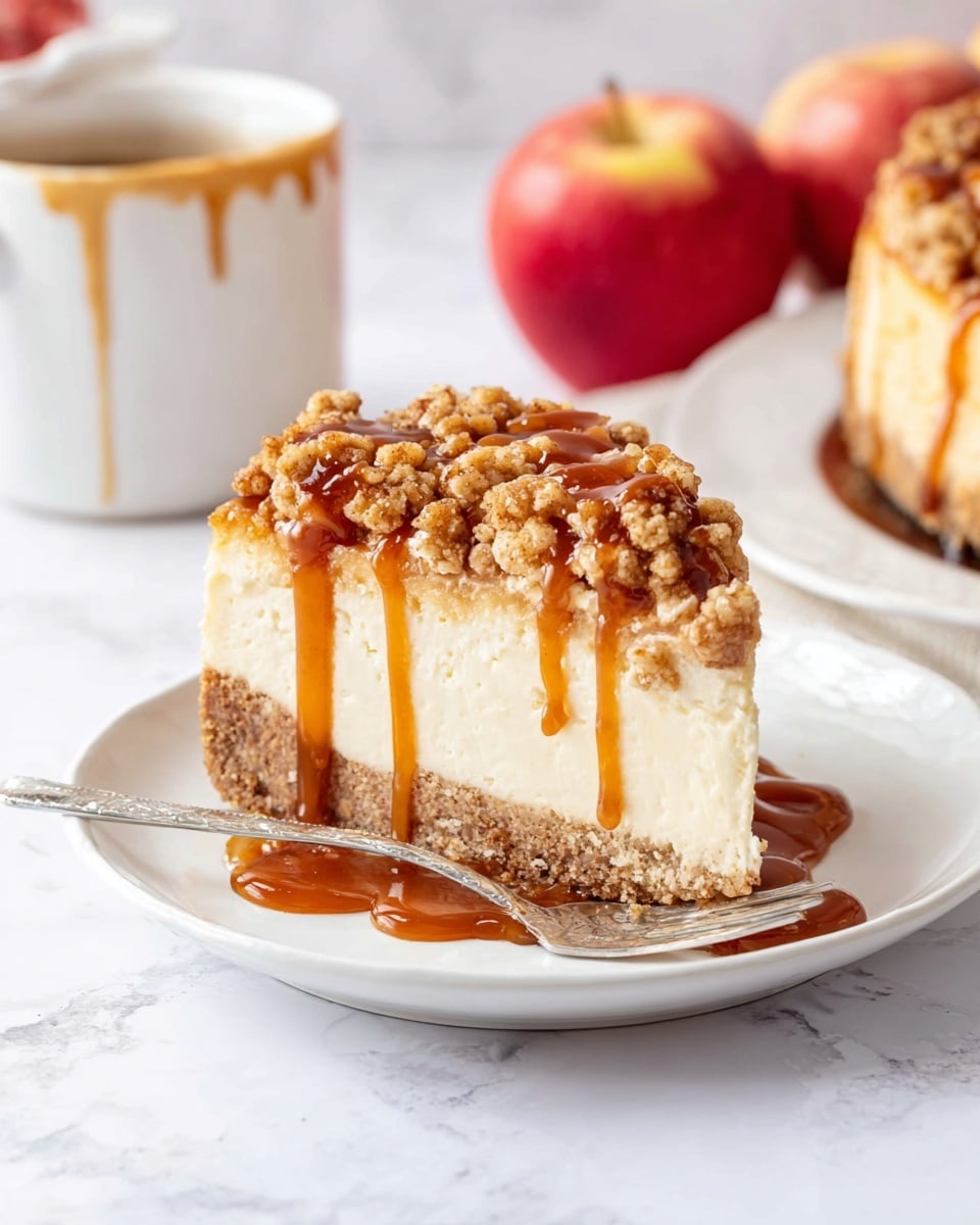A round crumb cake sits on a white plate with three visible layers: the bottom layer is a light golden-brown dense cake base with a smooth texture, the thick middle layer is similar in color and soft, and the top layer is a chunky, crumbly streusel with a mottled golden-brown color and coarse texture that covers the entire surface. The background shows two red apples with yellow patches placed on a white marbled surface. Photo taken with an iphone --ar 4:5 --v 7