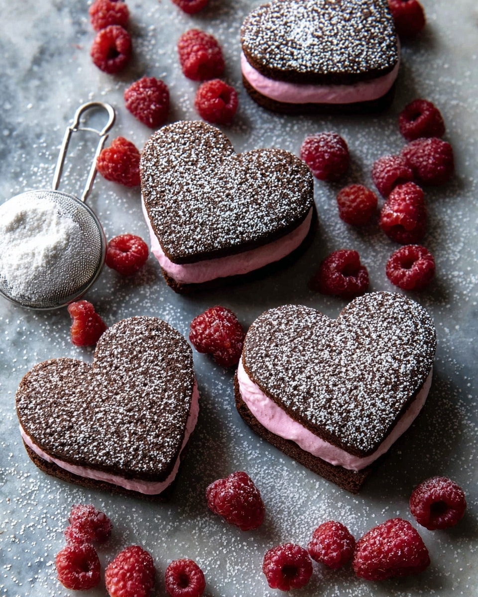 The image shows several heart-shaped chocolate sandwich cookies with two dark brown cake layers on the top and bottom, and a smooth pink cream filling in the middle. The top chocolate layer is dusted with white powdered sugar, giving it a soft textured look. The cookies are placed on a white marbled surface, scattered with bright red raspberries around them, adding a fresh, colorful touch. The cookies vary in size, with some larger and some smaller, arranged casually in a close group. photo taken with an iphone --ar 4:5 --v 7