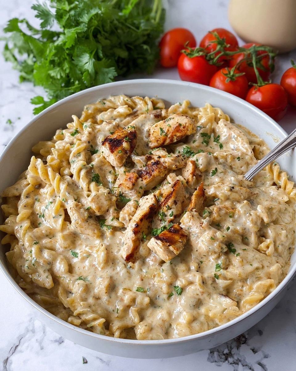 A white bowl filled with creamy pasta covered in a thick, light beige sauce speckled with herbs, with pieces of grilled chicken strips scattered throughout, showing a grilled brown texture on some edges. There are bits of green herbs sprinkled on top for garnish. The bowl sits on a white marbled surface next to fresh green cilantro and ripe red tomatoes on a vine, with a pale beige container holding a spoon in the background. Photo taken with an iphone --ar 4:5 --v 7