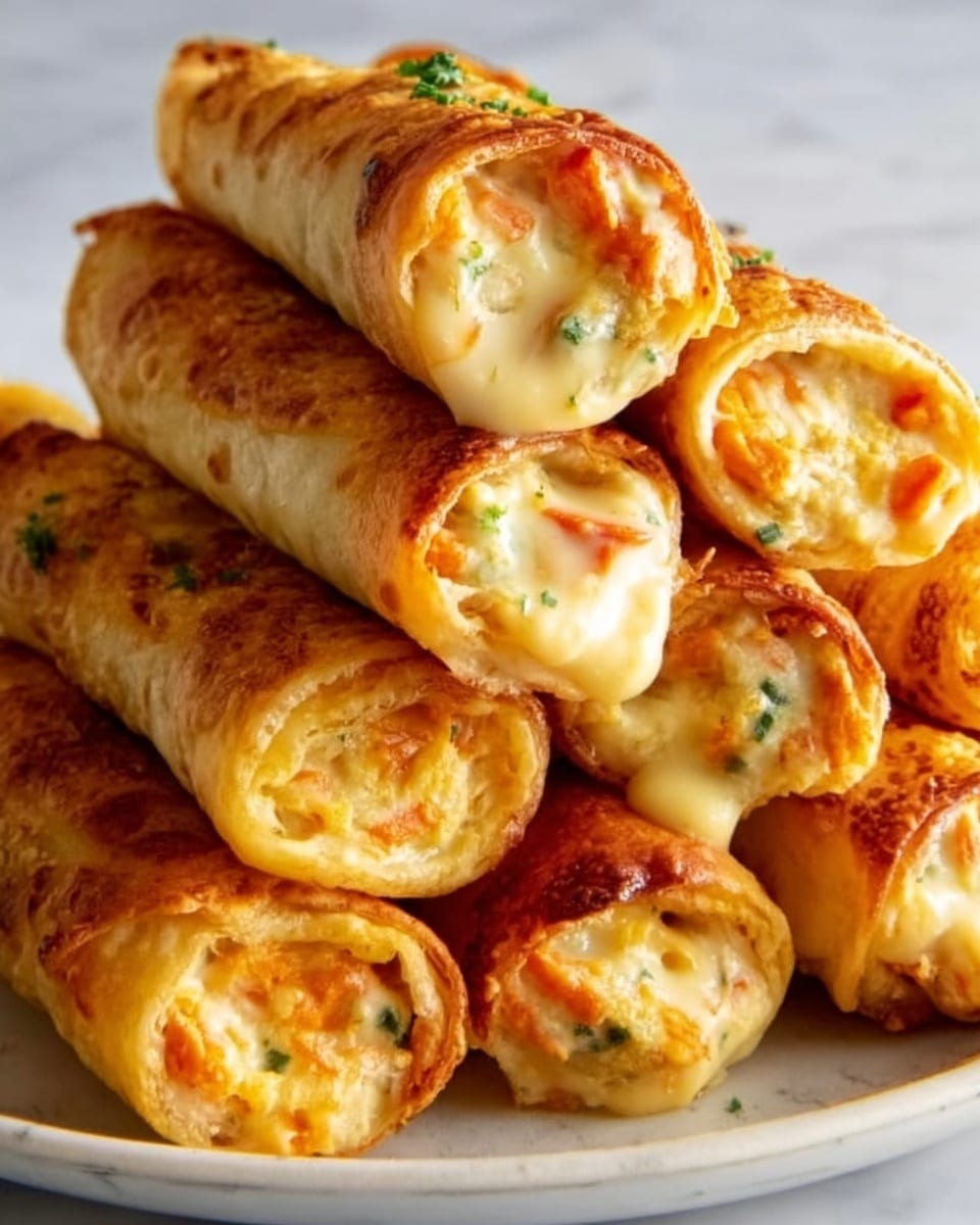 The image shows a close-up of several golden-brown rolled pastries stacked together. Each roll is filled with a creamy mixture visible at both ends, with bits of orange and green inside, hinting at vegetables or herbs. The pastries have a flaky, crispy texture with slight browning on the surface. They are placed on a white plate resting on a white marbled surface. The overall look is warm and appetizing, with the filling slightly oozing out from the rolls. Photo taken with an iphone --ar 4:5 --v 7