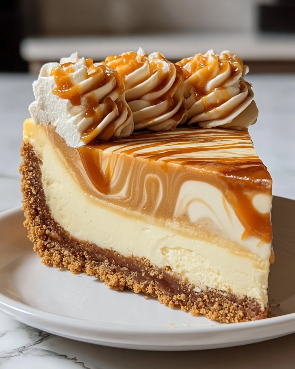 A close-up of a slice of cheesecake showing four layers: the bottom crust is crumbly and brown, the thick cream cheese layer is light beige, above it is a smooth caramel swirl that blends into the cheesecake layer, and the top is decorated with neat swirls of cream with caramel drizzled over them. The slice sits on a plain white plate with a softly blurred white marbled background. photo taken with an iphone --ar 4:5 --v 7