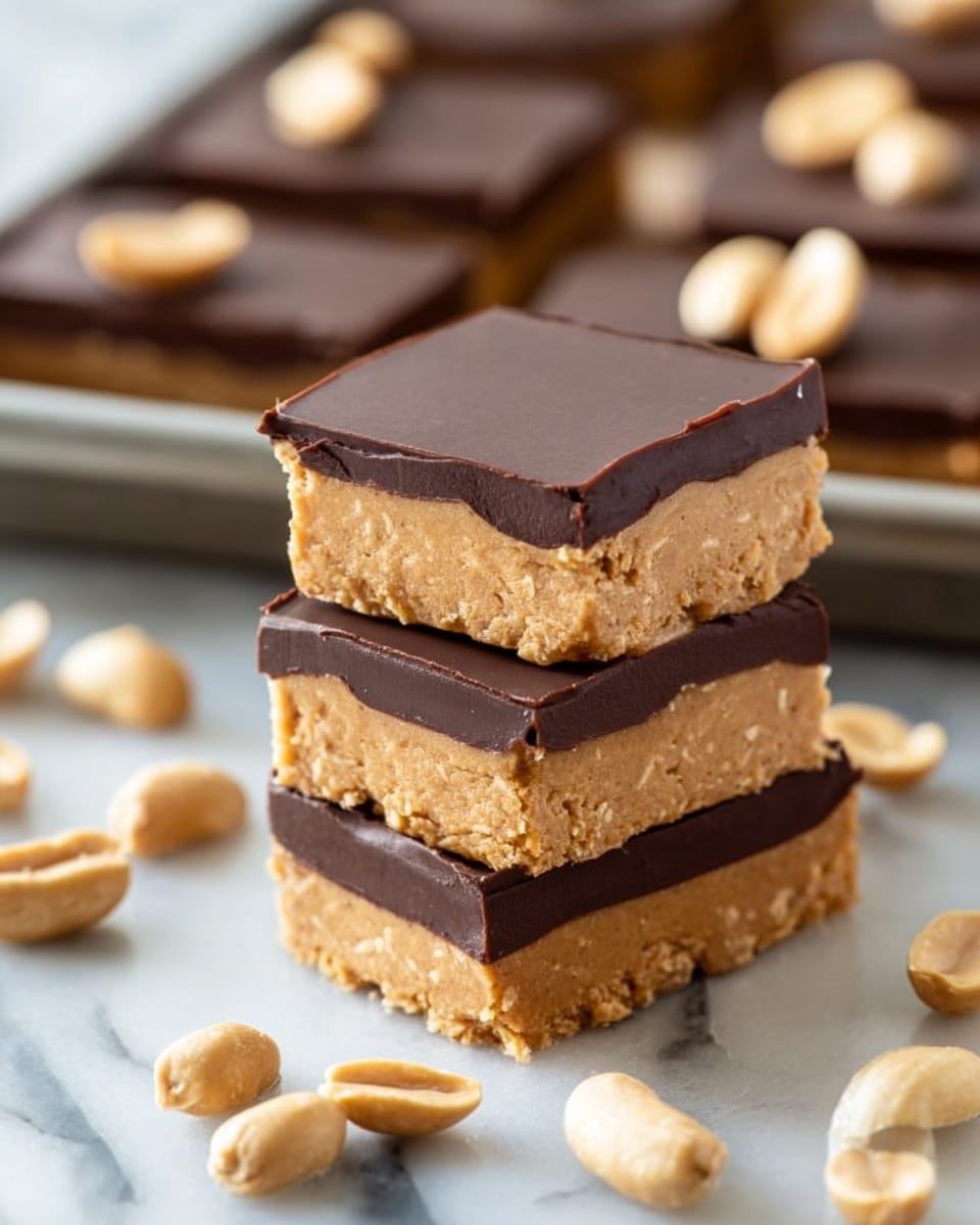 The image shows a stack of three rectangular peanut butter bars with a smooth, thick, dark chocolate layer on the top of each bar. Each bar has two main layers: a light brown peanut butter base with a slightly crumbly texture, and a glossy chocolate layer that is firm and shiny. The bars are stacked in the center on a metal tray, surrounded by some whole and halved light beige peanuts scattered around. In the background, there are more peanut butter bars without chocolate on the top, each topped with a whole peanut, all set against a white marbled surface. photo taken with an iphone --ar 4:5 --v 7