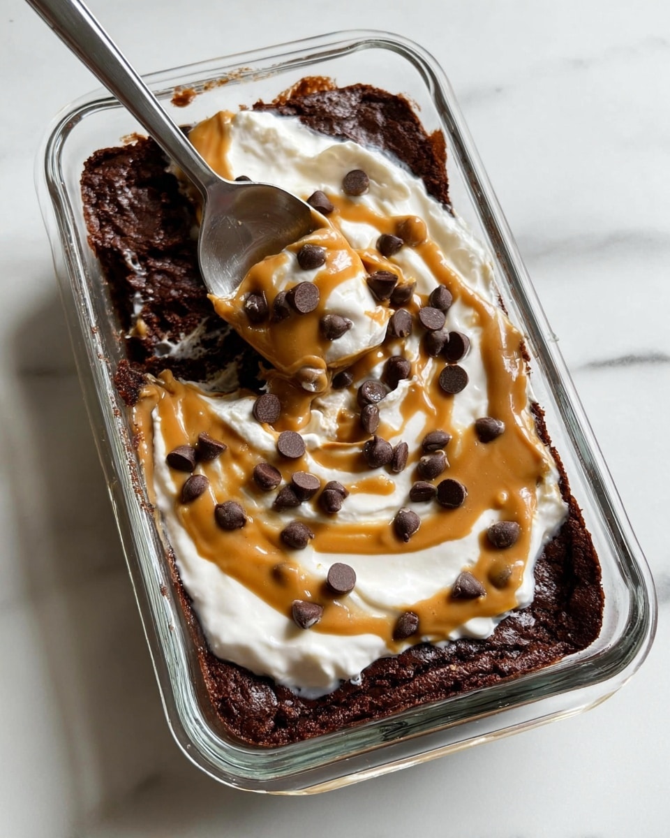 A rectangular glass dish contains a dark brown brownie as the base layer, with a moist and slightly crumbly texture. On top of the brownie, there is a thick white cream or yogurt layer placed mostly in the center, with creamy peanut butter drizzled over it and the brownie in golden tan lines. Dark brown chocolate chips are scattered on top, some resting on the cream and peanut butter. A silver spoon is scooping out a portion of the brownie from the top left corner of the dish. The dish sits on a white marbled surface. photo taken with an iphone --ar 4:5 --v 7