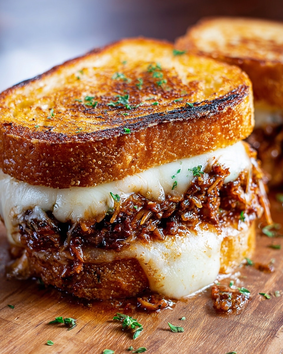 A close-up of a grilled sandwich with two thick slices of golden-brown toasted bread, each slice showing a crispy texture with slight char marks and sprinkled with green herbs on top. Between the bread slices, there is a layer of melted white cheese oozing out and a thick filling of dark brown minced meat mixed with sauce. The sandwich sits on a wooden surface with small green herb bits scattered around. Photo taken with an iphone --ar 4:5 --v 7