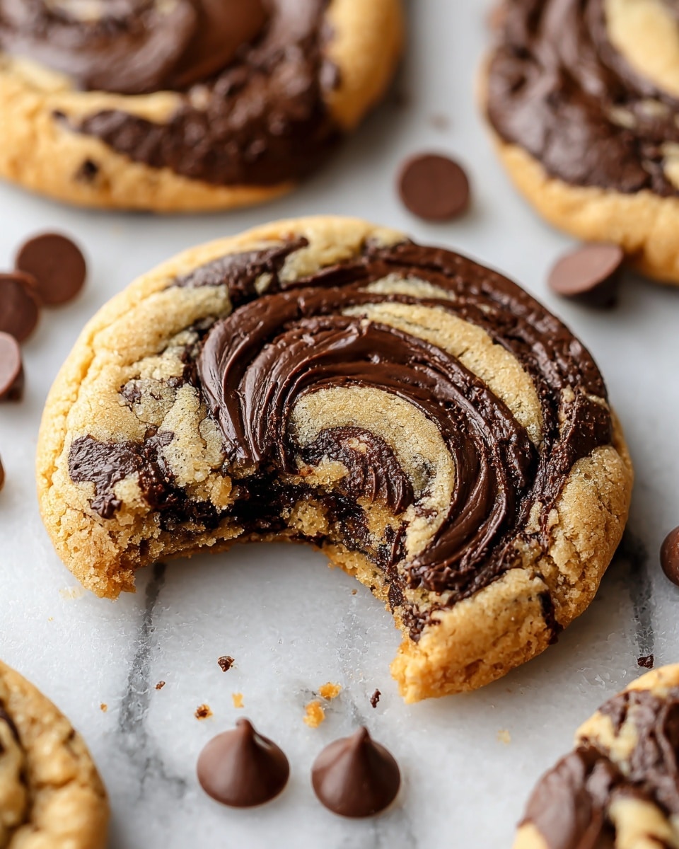 The image shows a close-up of a cookie with a bite taken out, resting on a white marbled surface. The cookie has two main layers: a golden-brown outer layer that is slightly cracked and crumbly, and a rich, dark chocolate swirl layered on top in a spiral pattern giving a marbled effect. The chocolate layer has a smooth and glossy texture contrasted against the cookie’s crumbly surface. Surrounding the cookie are several round, smooth chocolate chips scattered on the marbled surface, adding depth and interest to the arrangement. In the background, there are other similar cookies with the same marbled chocolate swirl design. Photo taken with an iphone --ar 4:5 --v 7