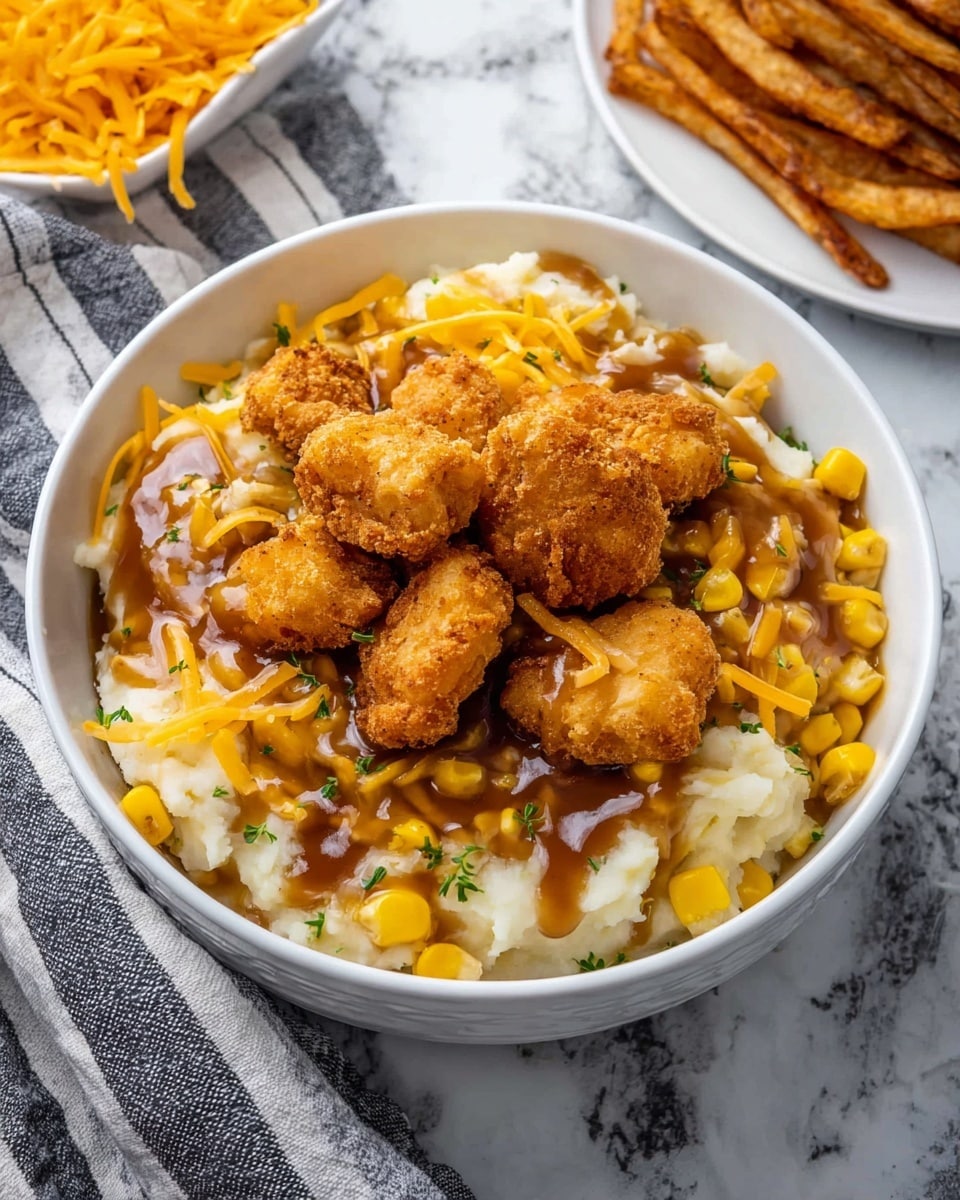 A white bowl filled with a base layer of fluffy mashed potatoes topped with bright yellow corn kernels scattered throughout. Over the corn and potatoes are several small golden-brown fried chicken bites with a crunchy texture. Bright orange shredded cheddar cheese is sprinkled generously across the top, partially melting into the layers below. Rich brown gravy is drizzled over the fried chicken pieces and cheese, adding a glossy finish. The bowl sits on a white marbled surface with a gray and white striped cloth nearby, and to the side is a stack of crispy golden fried potato wedges on a white plate. photo taken with an iphone --ar 4:5 --v 7