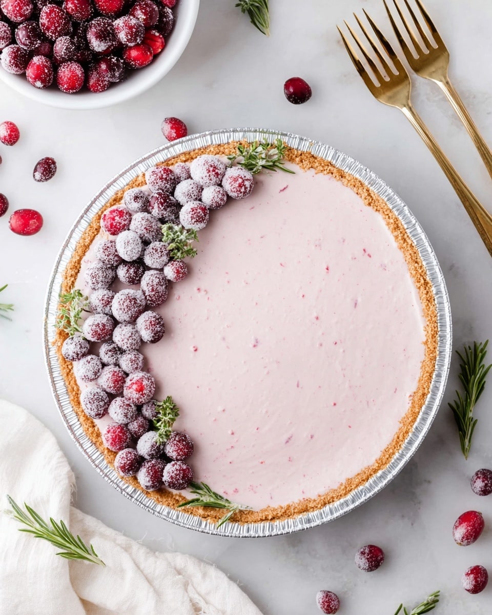A round pie with a light brown crust in a silver foil pie pan is filled with a smooth, pale pink creamy layer with tiny red specks inside. On one side of the pie's top, there is a neat row of fresh whole cranberries, some covered with a frosty sugar coating and others plain, mixed with sprigs of green rosemary, creating a decorative border. Around the pie, a white marbled surface shows scattered cranberries and rosemary sprigs. In the upper left corner, a white bowl filled with fresh cranberries is partly visible. Three gold forks and a white cloth napkin are arranged near the bottom left and right edges. Photo taken with an iphone --ar 4:5 --v 7