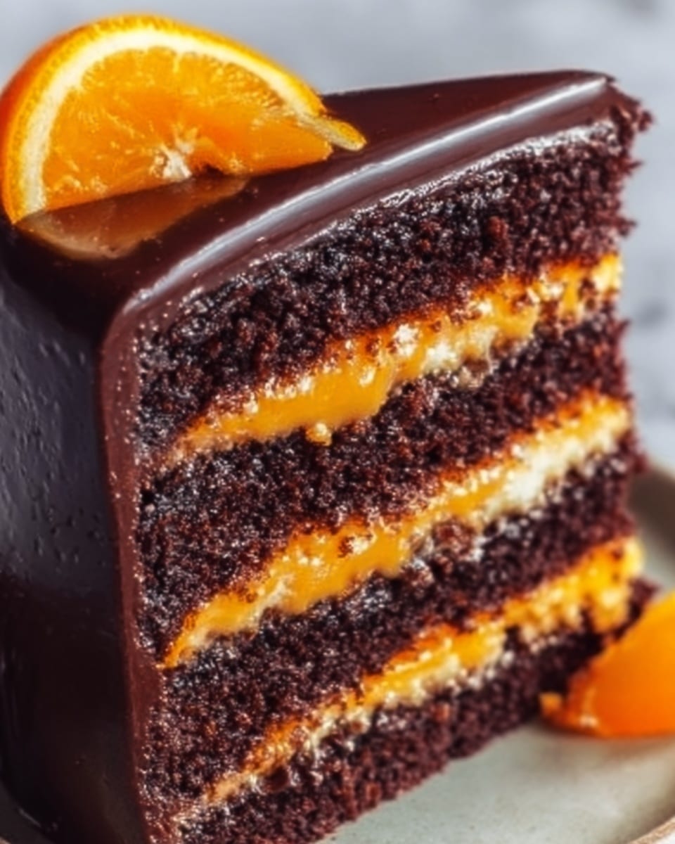 A close-up image of a three-layer chocolate cake with dark, moist cake layers. Between the cake layers are two bright orange, smooth filling layers that appear creamy and slightly glossy. The entire cake is coated with a shiny, rich dark chocolate ganache on top and along the sides, giving it a smooth and glossy finish. There is a slice of fresh orange placed on the top edge of the cake. The cake sits on a simple white plate over a white marbled textured surface. Photo taken with an iphone --ar 4:5 --v 7
