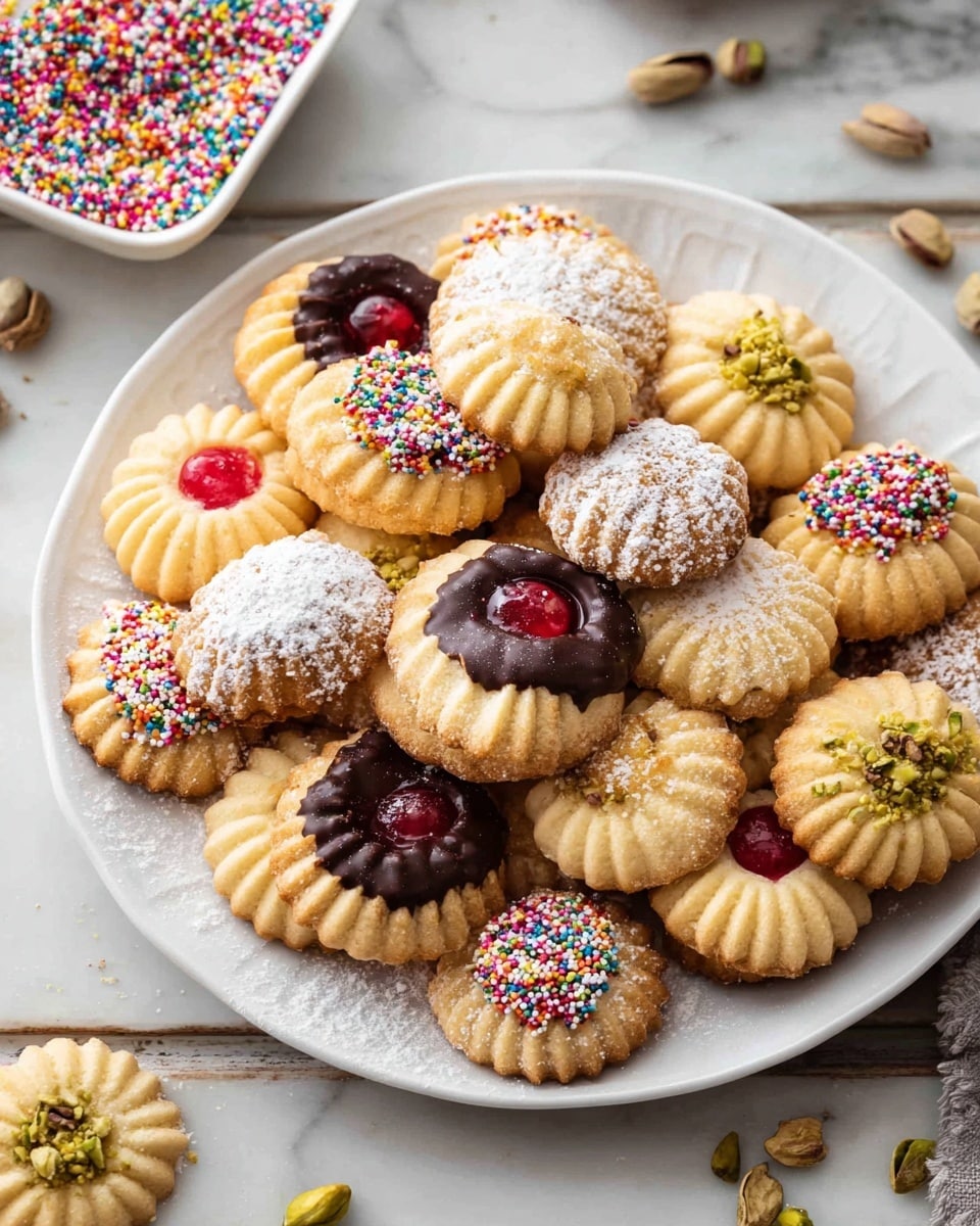 A white plate filled with various butter cookies piled together, each cookie showing a different decoration and shape. The cookies are light golden brown with ridged or flower-like patterns. Some cookies have one half dipped in dark chocolate and topped with colorful sprinkles, shredded coconut, or crushed pistachios. Others have a center filled with a shiny red cherry or a smooth dollop of chocolate. Powdered sugar is lightly dusted on a few cookies. The plate sits on a white marbled surface, with some cookie crumbs and scattered pistachio pieces around it. In the background, a small white square bowl holds more colorful sprinkles. Photo taken with an iphone --ar 4:5 --v 7