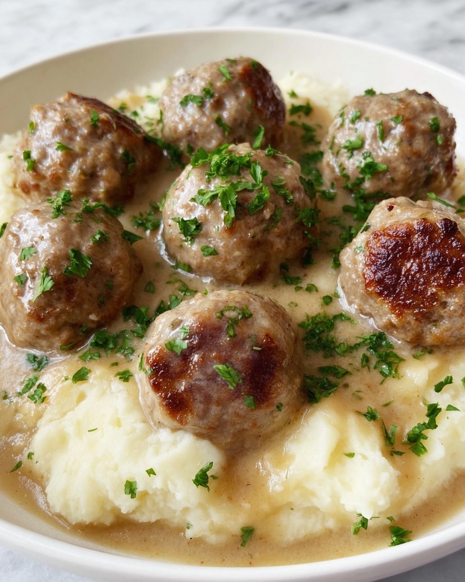 The image shows seven browned meatballs sitting on a bed of creamy mashed potatoes in a shallow white bowl. Each meatball is round and browned on the outside, lightly coated in a beige gravy sauce that pools around the mashed potatoes. The mashed potatoes look smooth and soft with a slightly whipped texture. Fresh green chopped parsley is sprinkled over the meatballs and some parts of the potatoes, adding color contrast. The background features a white marbled texture. photo taken with an iphone --ar 4:5 --v 7