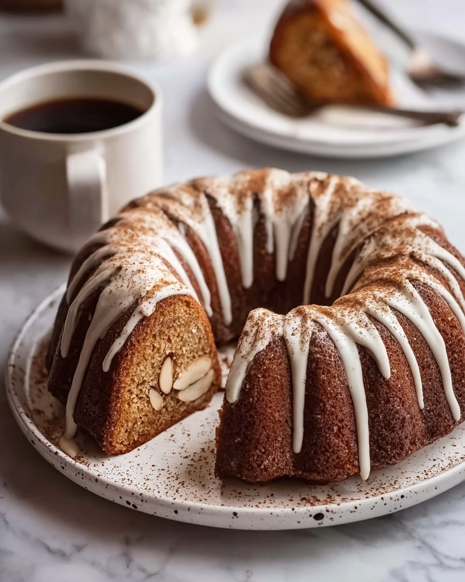 A round bundt cake with a rich brown color sits on a white plate with a speckled rim, showing one thick slice cut out, revealing a light inner cake with a visible layer of sliced almond in the center. The cake is topped with thin, uneven white glaze drizzles running down its ridged sides, dusted with a light brown powder. In the blurred background, a cup of dark coffee with a spoon inside and a white plate holding another slice of the cake rest on a white marbled surface. photo taken with an iphone --ar 4:5 --v 7