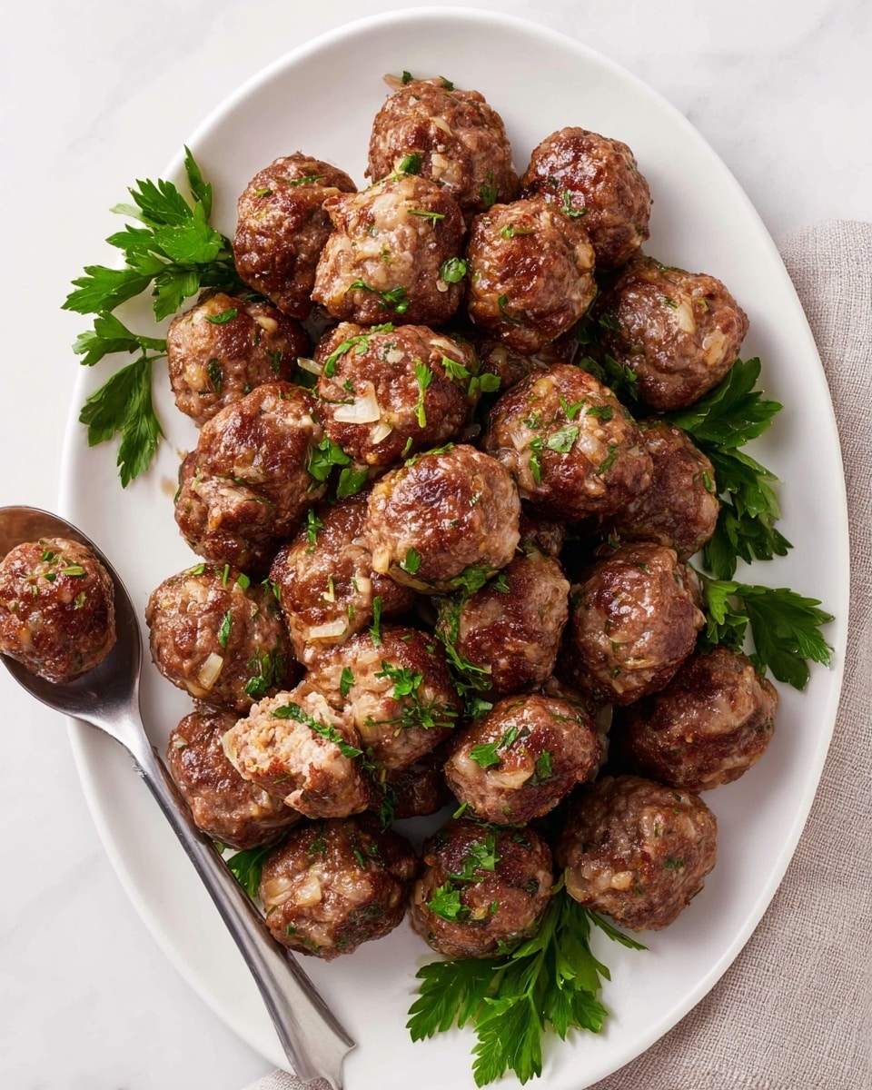 A white oval plate is filled with a pile of small, round meatballs that have a browned, slightly shiny texture with visible bits of onion and herbs mixed inside. The meatballs are garnished with fresh green parsley leaves scattered among and on top of them. On the left side of the plate, a silver spoon holds a small piece of a meatball. The plate is set on a white marbled surface. photo taken with an iphone --ar 4:5 --v 7