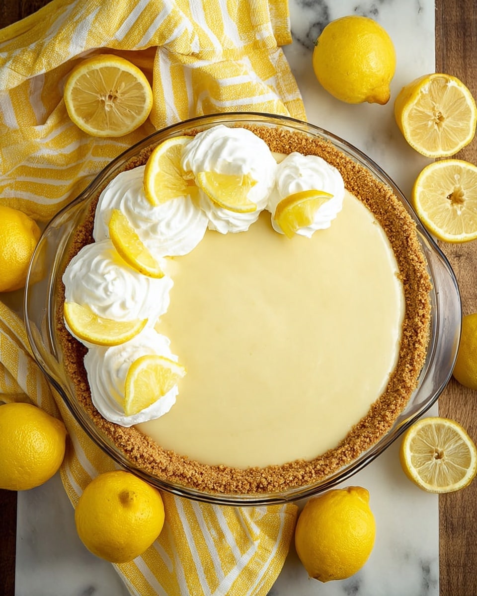 A round pie with one visible layer of smooth, pale yellow lemon filling sits inside a thick, crumbly golden brown crust lined inside a clear glass pie dish. On top, to one side, are three dollops of white whipped cream, each topped with thin, bright yellow lemon slices. Around the dish are whole and halved bright yellow lemons and a yellow cloth with white stripes on a white marbled texture surface. Photo taken with an iphone --ar 4:5 --v 7