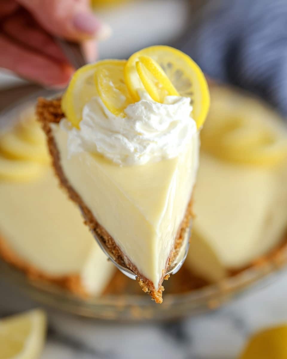 A slice of lemon cream pie is being held by a woman's hand with a fork. The pie has three distinct layers: at the bottom, a crumbly golden brown crust; in the middle, a smooth and creamy pale yellow lemon filling; on top, a dollop of white whipped cream garnished with two thin, curved lemon slices. The background shows the rest of the pie blurred on a white marbled surface. Photo taken with an iphone --ar 4:5 --v 7