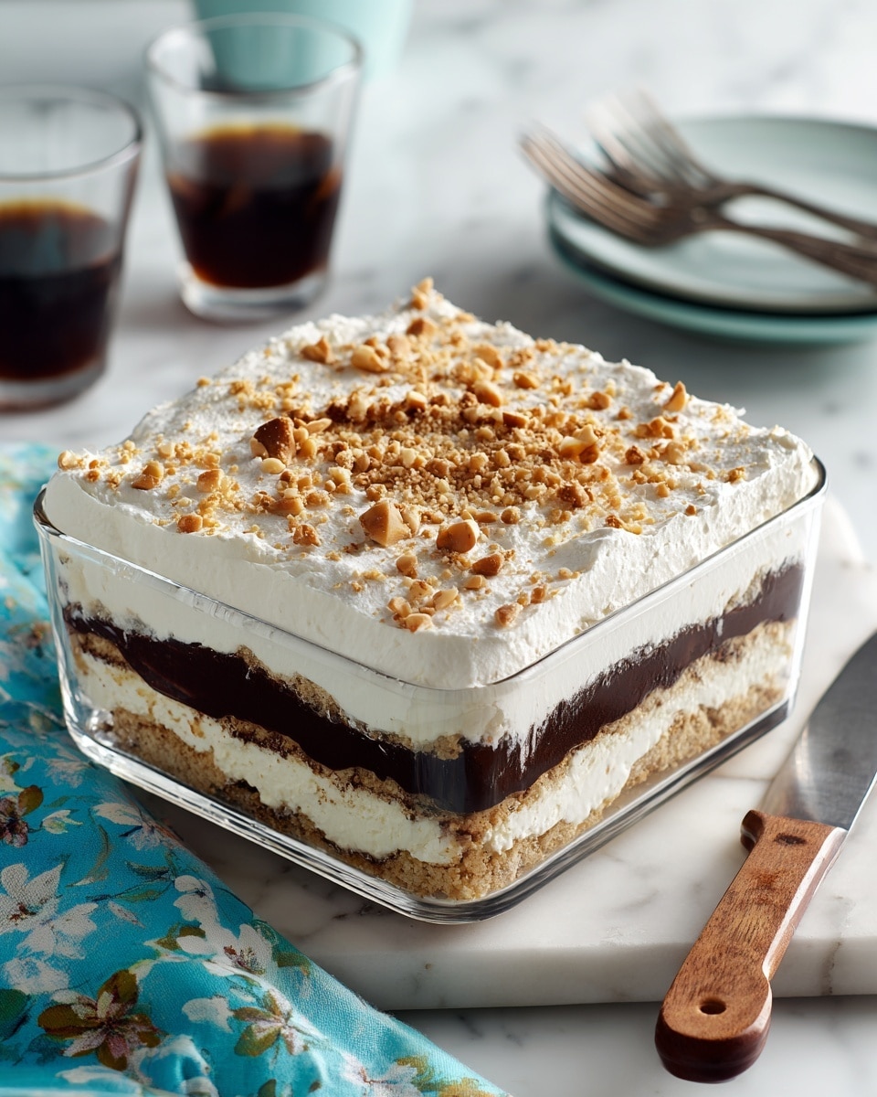 A clear glass square dish holds a three-layered dessert, with the bottom layer being a crumbly beige base, the middle layer a smooth dark chocolate, and the top layer a thick, fluffy white cream sprinkled evenly with small golden-brown nut pieces. The dish sits on a white marbled surface with a blue and green floral cloth and a wooden-handled knife beside it. In the background, there are glasses filled with a dark drink, and silver forks lie on the white marbled surface. The scene looks bright and clean. photo taken with an iphone --ar 4:5 --v 7