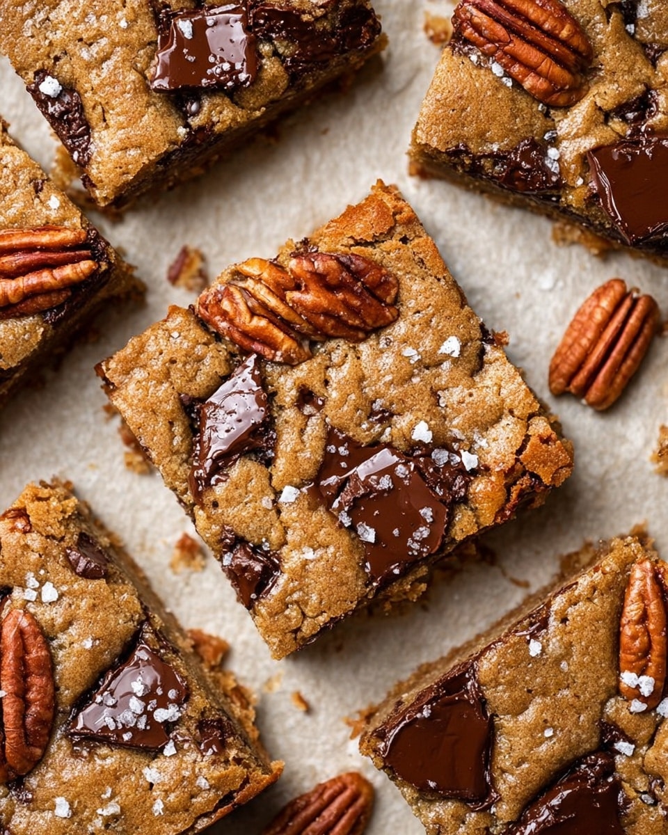 The image shows several square blondies arranged on a white marbled surface covered with parchment paper. Each blondie has one thick layer with a golden brown, slightly cracked top texture embedded with large chunks of melted dark chocolate that glisten and spread slightly over the edges. Scattered across the surface and partly embedded in the blondies are whole pecan halves with a warm reddish-brown, slightly shiny texture. The blondies are sprinkled with coarse flaky salt, adding a contrast in texture and a slight shimmer. The composition is close-up, emphasizing the gooey, rich, and crunchy details. Photo taken with an iphone --ar 4:5 --v 7