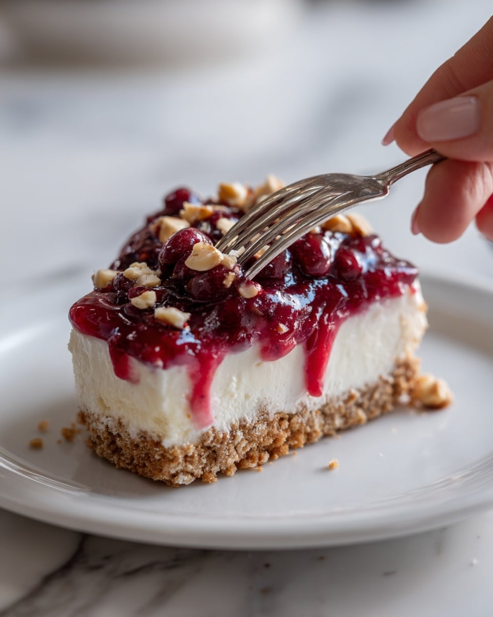 The image shows a close-up of a layered dessert held by a fork with a woman's hand partially visible. The dessert has three visible layers: the bottom layer is a crumbly, light brown crust with a rough texture, the middle layer is a smooth, creamy white filling, and the top layer is a glossy, deep red berry sauce with whole berries and small pieces of chopped nuts sprinkled on top. The background features a white marbled surface. photo taken with an iphone --ar 4:5 --v 7