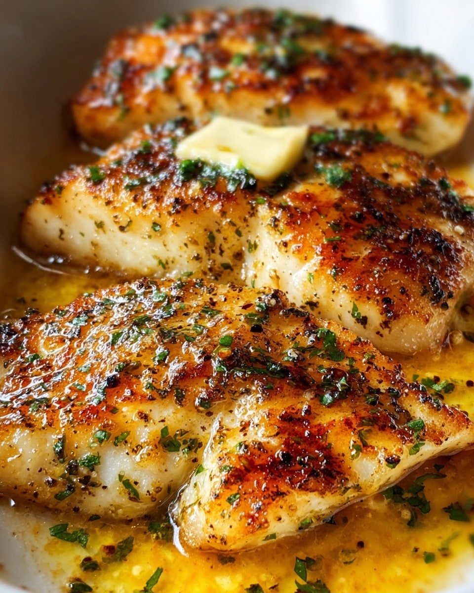Three pieces of golden-brown cooked fish fillets lie close together in a white dish, each fillet showing a crispy, slightly charred texture with visible herbs and black pepper sprinkled on top. The fish is covered in a glossy, buttery sauce that pools slightly around the fillets. A small piece of melting butter rests on the middle fillet, surrounded by finely chopped green herbs that add contrast. The surface of the sauce has a warm yellow-orange hue, enhancing the juicy, rich look of the dish. photo taken with an iphone --ar 4:5 --v 7