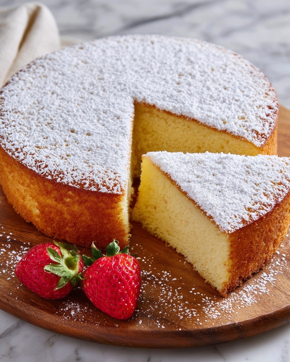 A soft, fluffy two-layer sponge cake dusted evenly with white powdered sugar on top, showing a light golden brown thin crust on the upper layer. The sides reveal the inner pale yellow, airy texture of the cake. One slice is cut out, exposing the smooth, spongy middle inside. Two bright red strawberries with shiny, fresh seeds are placed at the bottom left of the cake on a wooden board, all set against a white marbled textured surface. photo taken with an iphone --ar 4:5 --v 7