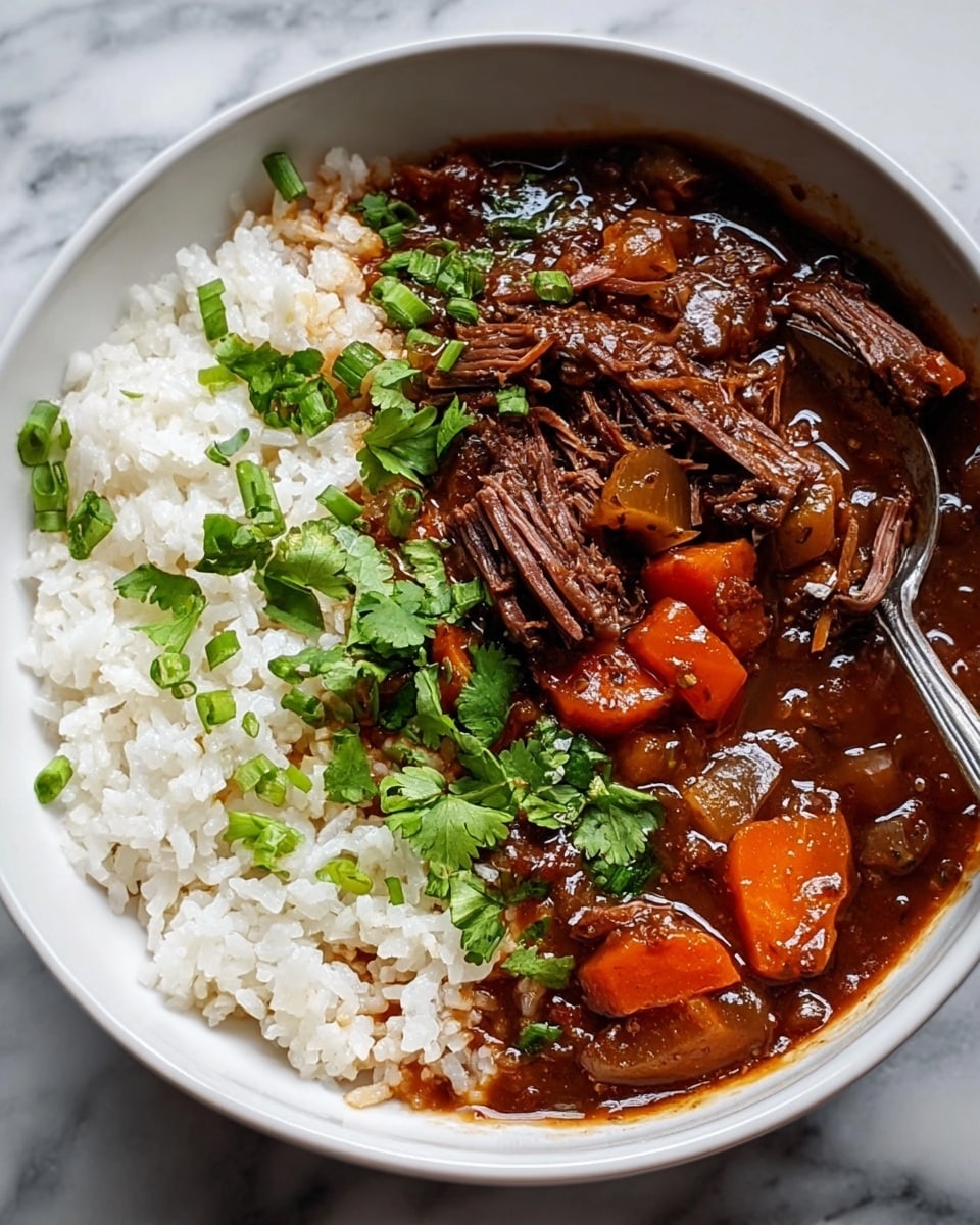 A white bowl filled with three main layers: on the left side, a bed of fluffy white rice with some green chopped scallions sprinkled on top; on the right side, a rich, dark brown stew with visible chunks of orange carrots and translucent pieces of onion in a glossy sauce; in the center, tender pieces of shredded dark brown beef resting on the rice and partially covered by the stew; fresh green cilantro leaves are scattered on top of the stew and beef, and a silver spoon is partially dipped into the stew on the right side of the bowl, all placed on a white marbled surface. photo taken with an iphone --ar 4:5 --v 7