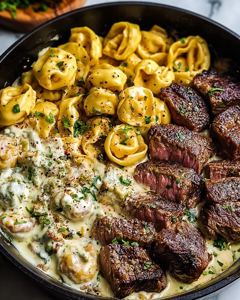 A close-up of a black round pan filled with two main sections of food over a white marbled texture. The left side has a layer of yellow tortellini pasta, topped with a creamy white sauce mixed with green herbs and small bits of meat, sprinkled with black pepper. The right side shows thick pieces of cooked steak, browned on the outside with pink centers visible, also with some green herb garnish. The creamy sauce slightly covers the bottom of the pan under both the pasta and steak. photo taken with an iphone --ar 4:5 --v 7