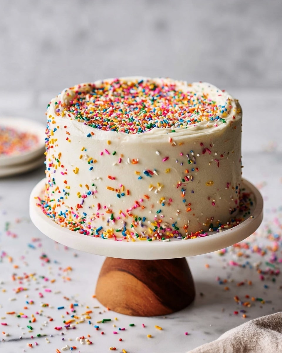 A small round cake with two thick layers covered in smooth white frosting, decorated all over with colorful rainbow sprinkles that scatter across the top surface, sides, and base, sitting on a white cake stand with a wooden pedestal, on a white marbled surface slightly scattered with more sprinkles in the background photo taken with an iphone --ar 4:5 --v 7