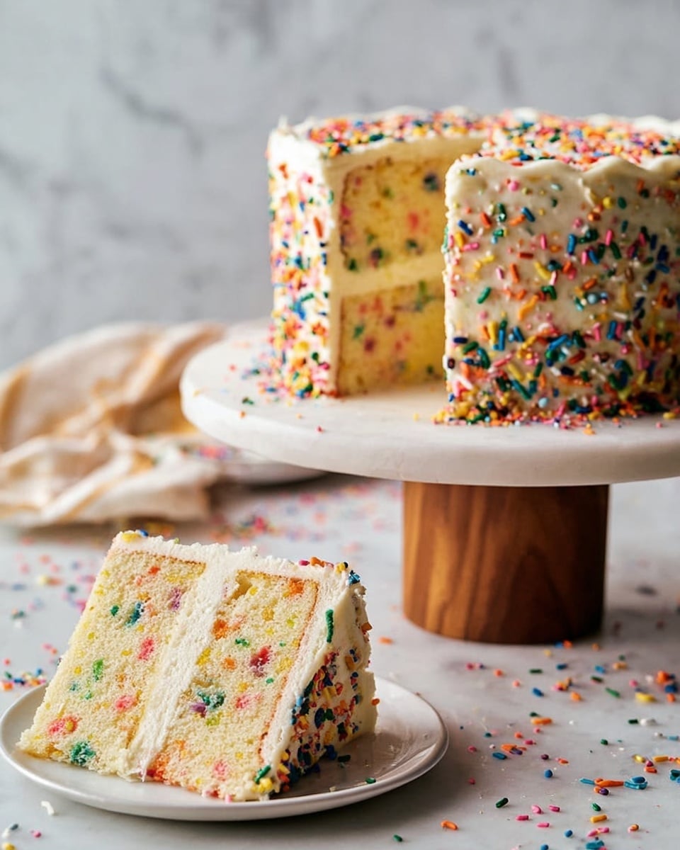 A three-layer cake with white frosting is covered in colorful sprinkles on the outside and top. Each cake layer is light yellow with small, bright rainbow sprinkles inside, and white frosting separates the layers evenly. A slice of cake is removed from the whole cake and placed on a small white plate in the front left of the image, showing the inside layers clearly. The cake sits on a white plate on a wooden pedestal, all set on a white marbled texture surface with more sprinkles scattered around. photo taken with an iphone --ar 4:5 --v 7