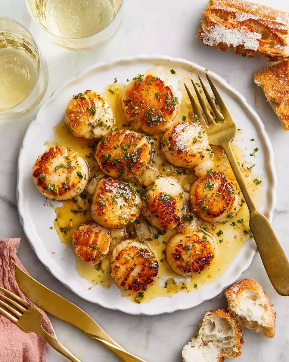 A white plate holds about a dozen large, cooked scallops arranged in a scattered pie shape. Each scallop is golden brown on top, showing a seared crust with small green herb pieces sprinkled over them. The scallops sit in a light golden buttery sauce pooling at the plate's base, creating a glossy look. On the right side, a gold fork rests on the plate, and around the plate, torn pieces of crusty brown bread are placed on a white marbled surface. Near the top left edge, two clear glasses with a light drink are seen. Gold utensils lie neatly near the bottom edge of the image. photo taken with an iphone --ar 4:5 --v 7