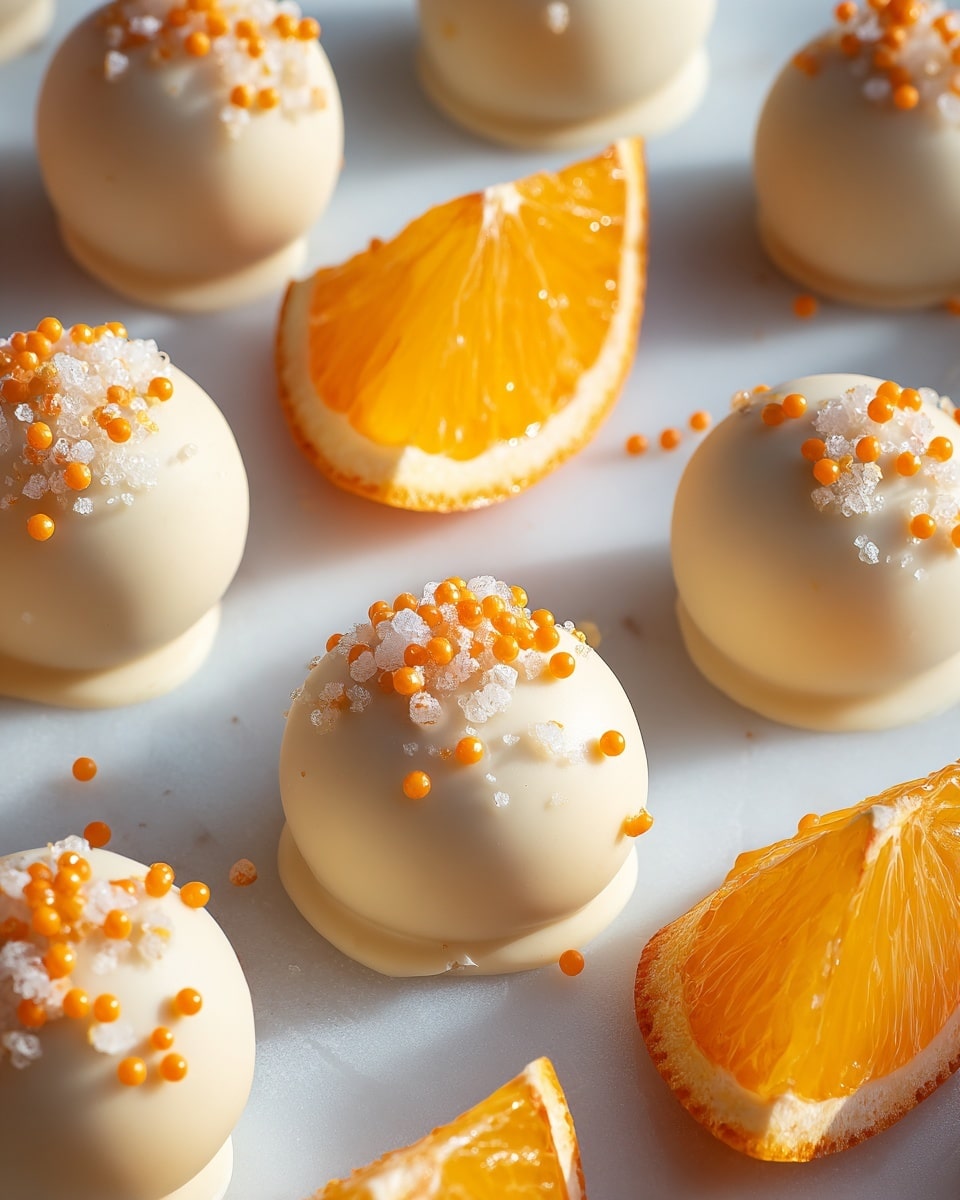 The image shows round white chocolate truffles with a smooth creamy outer layer, topped with small white sugar crystals and tiny orange sugar beads scattered over the top. Each truffle sits directly on a white marbled surface. Around the truffles are bright orange slices cut into half-moons, placed upright next to some of the truffles. The light highlights the glossy texture of the chocolate and the fresh, juicy look of the orange slices. photo taken with an iphone --ar 4:5 --v 7
