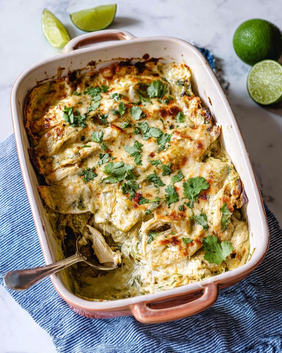A deep white baking dish holds a thick, layered casserole with visible soft, off-white strips of tortillas and chunks of white chicken. The casserole is covered with a creamy green sauce and garnished with fresh green cilantro leaves scattered on top. The edges of the tortillas are slightly browned and crispy, adding texture. A silver spoon rests inside the dish, partially digging into the casserole, hinting at a creamy and hearty inside. The dish sits on a blue and white striped cloth over a white marbled surface, with halves of bright green limes nearby. Photo taken with an iphone --ar 4:5 --v 7