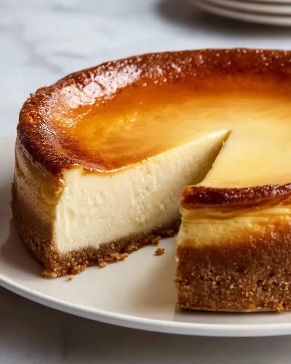 A round cheesecake with one slice removed sits on a white plate. The cheesecake has two layers: a thick, smooth, pale yellow cream cheese layer in the middle, and a brown, crumbly crust at the bottom. The top of the cheesecake is golden brown with a slight shine and a smooth texture that curves evenly toward the edges. The white plate is set on a surface with a white marbled texture in the background. photo taken with an iphone --ar 4:5 --v 7
