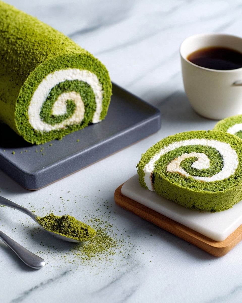 The image shows a green tea Swiss roll cake with two visible pieces on a white marbled surface. The main roll sits on a dark gray square plate, revealing three layers: a bright green outer sponge layer with a soft, textured surface, a smooth white cream layer inside that spirals tightly within the sponge, and the inner core made of more cream. Next to it, a cut slice lies on a small white square board, showing the same green sponge and white cream spiral layers. Nearby is a small white cup filled with dark black coffee, and a silver spoon with loose green tea powder scattered near it completes the scene. Photo taken with an iphone --ar 4:5 --v 7