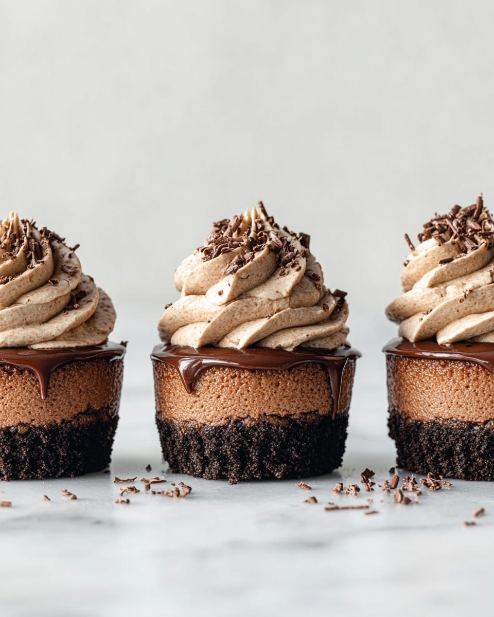 Three chocolate mousse cupcakes are lined up on a white marbled surface against a soft white background. Each cupcake has three distinct layers: a dark, crumbly base of crushed cookies, a thick middle layer of smooth milk chocolate mousse with a slightly textured edge, and a shiny, thin layer of glossy chocolate ganache on top. Swirled above the ganache is a generous, light brown whipped chocolate cream, topped with small chocolate shavings scattered lightly both on the cream and around the cupcakes on the surface. The cupcakes are presented without any plate or bowl. Photo taken with an iphone --ar 4:5 --v 7