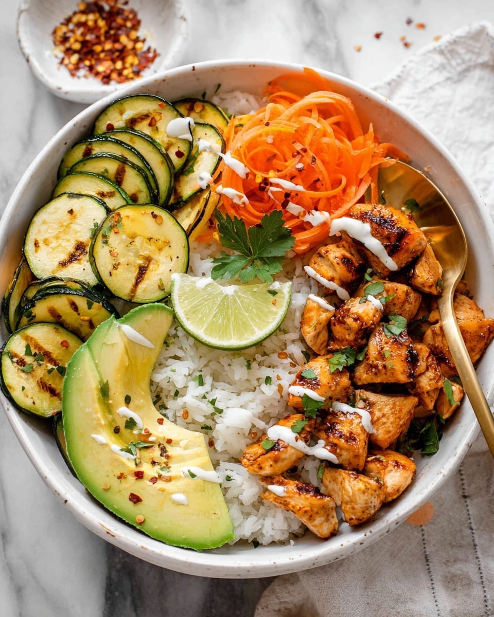 A white bowl filled with a bottom layer of white rice, topped with several layers: slices of grilled zucchini and yellow squash on the left side, shredded orange carrots with a small green parsley leaf near the center, orange-brown grilled chicken chunks on the right, and three slices of avocado arranged near the bottom edge. A lime wedge sits between the squash and chicken, and a golden spoon rests in the chicken area. There is a light drizzle of white sauce over the chicken and squash, and red chili flakes sprinkled on the chicken. The bowl is on a white marbled surface with a small white bowl of chili flakes above it. Photo taken with an iphone --ar 4:5 --v 7
