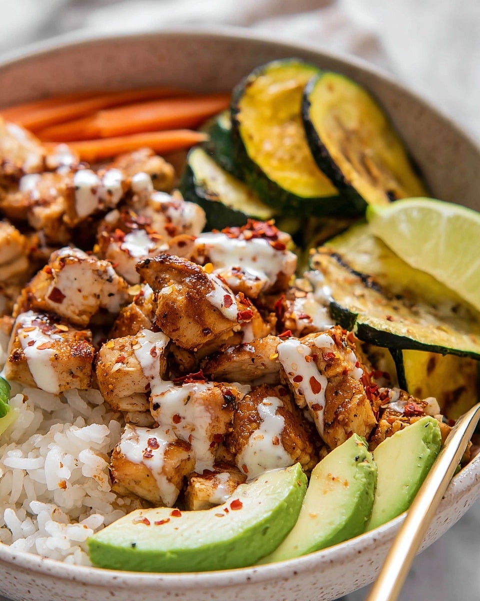 The image shows a bowl with four main layers. The bottom layer is white rice with a soft texture. On top, there are chunks of grilled chicken, browned and coated with spices, with some white sauce drizzled over and sprinkled red pepper flakes. Next to the chicken, there are slices of grilled yellow and green zucchini with a slightly charred surface. Carrot strips and a green leaf herb sit behind the chicken and vegetables, and in front, there are three creamy slices of avocado. A quarter slice of lime rests on the carrot layer, and a gold utensil is partly visible on the right side, placed on a white marbled surface. photo taken with an iphone --ar 4:5 --v 7