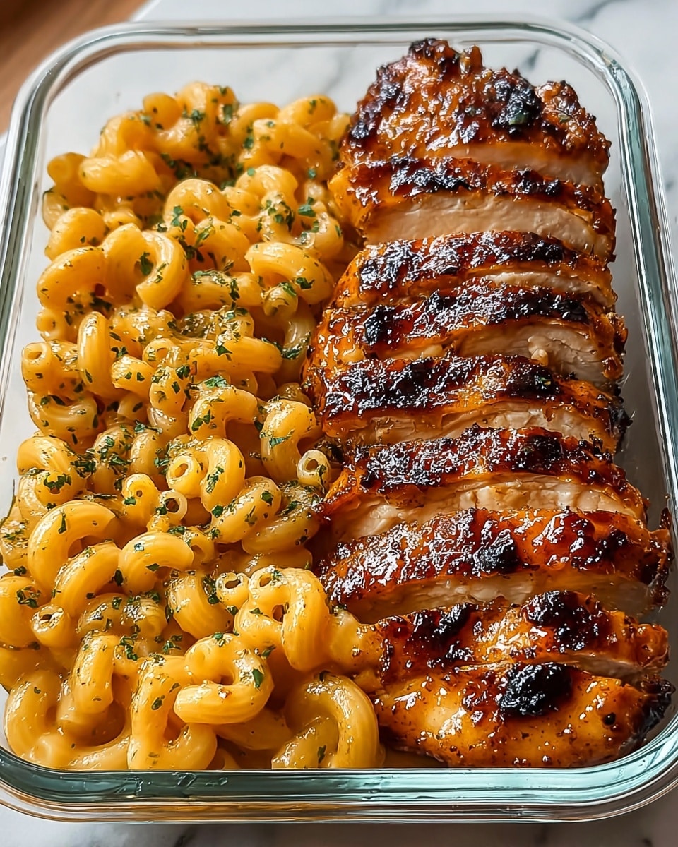 A close-up view of a square white plate filled with two main parts: a pile of macaroni and cheese at the back, made of small, curved, pale yellow pasta coated in creamy cheese sauce, sprinkled with green herbs; in the front, there are five golden-brown glazed chicken pieces stacked slightly on each other, shiny with sauce and topped with more green herbs. The plate sits on a white marbled surface. photo taken with an iphone --ar 4:5 --v 7