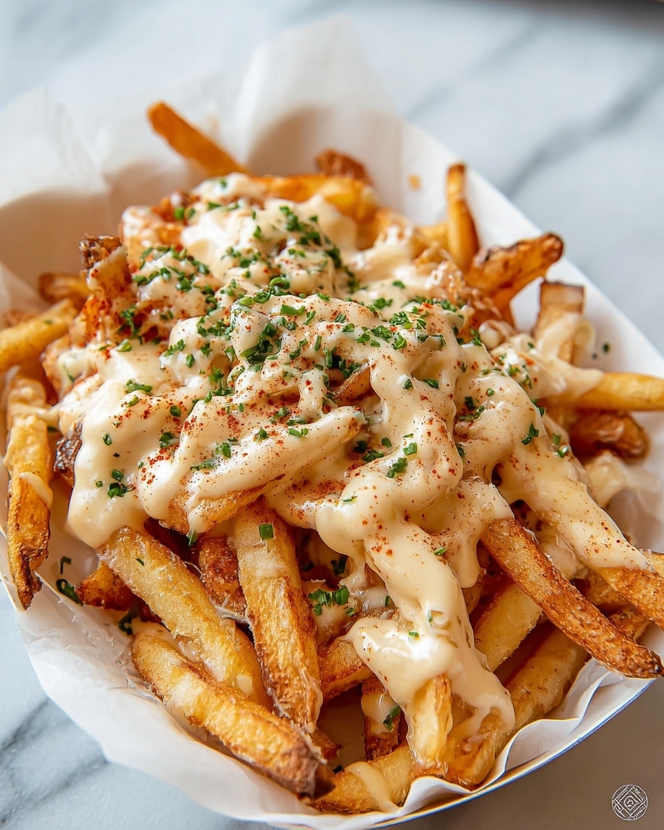 A pile of golden brown French fries fills a white paper-lined container placed on a white marbled surface. The fries are generously covered with a thick layer of creamy, light beige cheese sauce that drapes unevenly, pooling in some spots. Sprinkled on top are small bits of finely chopped green herbs and a light dusting of reddish-brown seasoning which adds hints of color contrast. The texture of the fries is crispy while the cheese sauce looks smooth and rich, creating an inviting mix of colors and layers. photo taken with an iphone --ar 4:5 --v 7