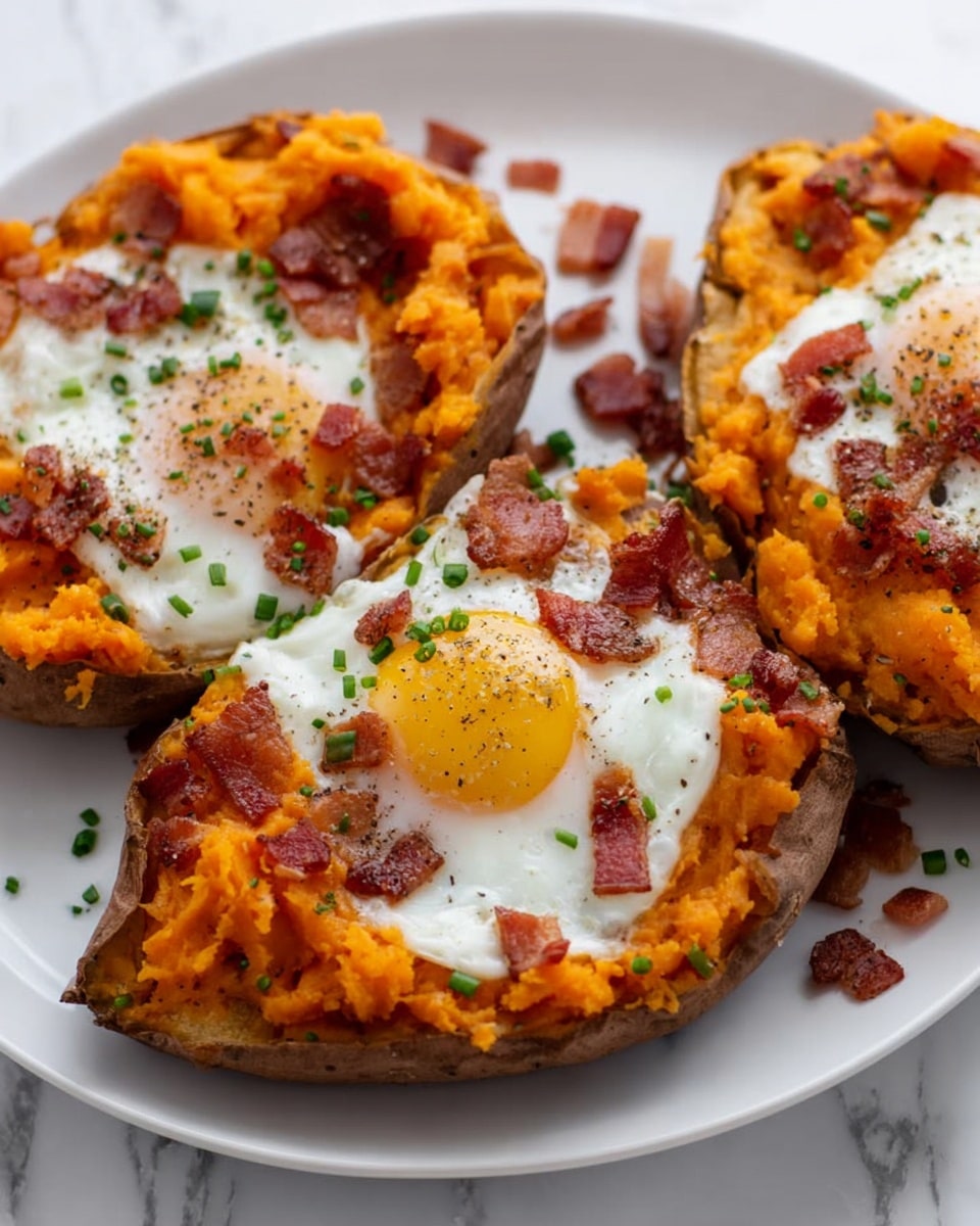 The image shows three baked sweet potato halves on a white plate, each filled with bright orange mashed sweet potato as the first layer. On top of the mashed sweet potato, there is a cooked egg with a bright yellow yolk and white surrounding it, sprinkled with small pieces of crispy bacon and chopped green herbs, adding specks of red and green. The edges of the sweet potato skin are visible around each half, showing a rough brown texture. The white plate is placed on a white marbled surface. photo taken with an iphone --ar 4:5 --v 7