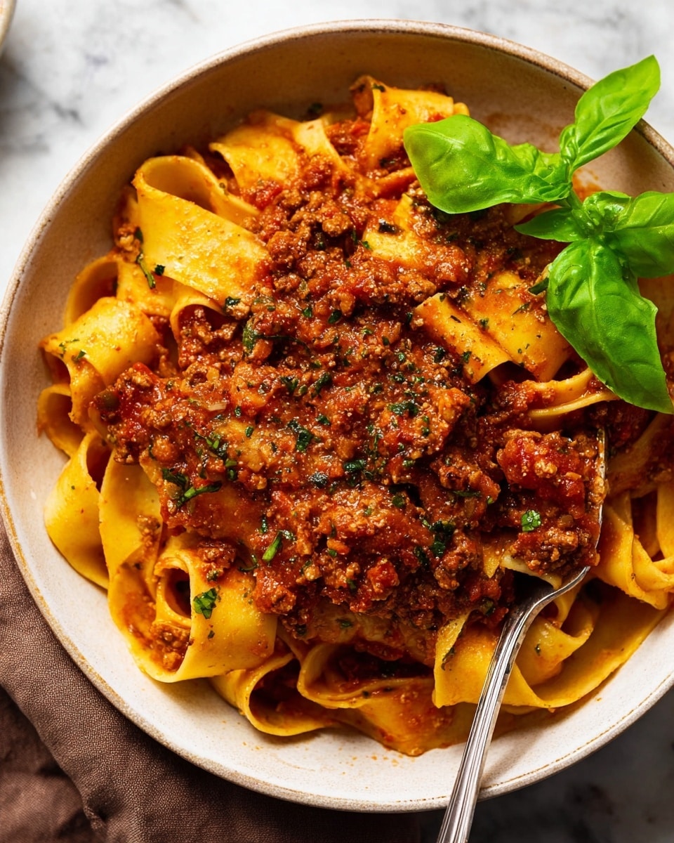 A close-up view of wide, flat pasta ribbons in a white bowl, covered with thick, chunky meat sauce in reddish-brown color with bits of ground meat and small tomato pieces, garnished with finely chopped dark green herbs scattered throughout and a fresh sprig of bright green basil placed on top at the side, with a silver fork partially visible in the sauce, all placed on a white marbled surface photo taken with an iphone --ar 4:5 --v 7