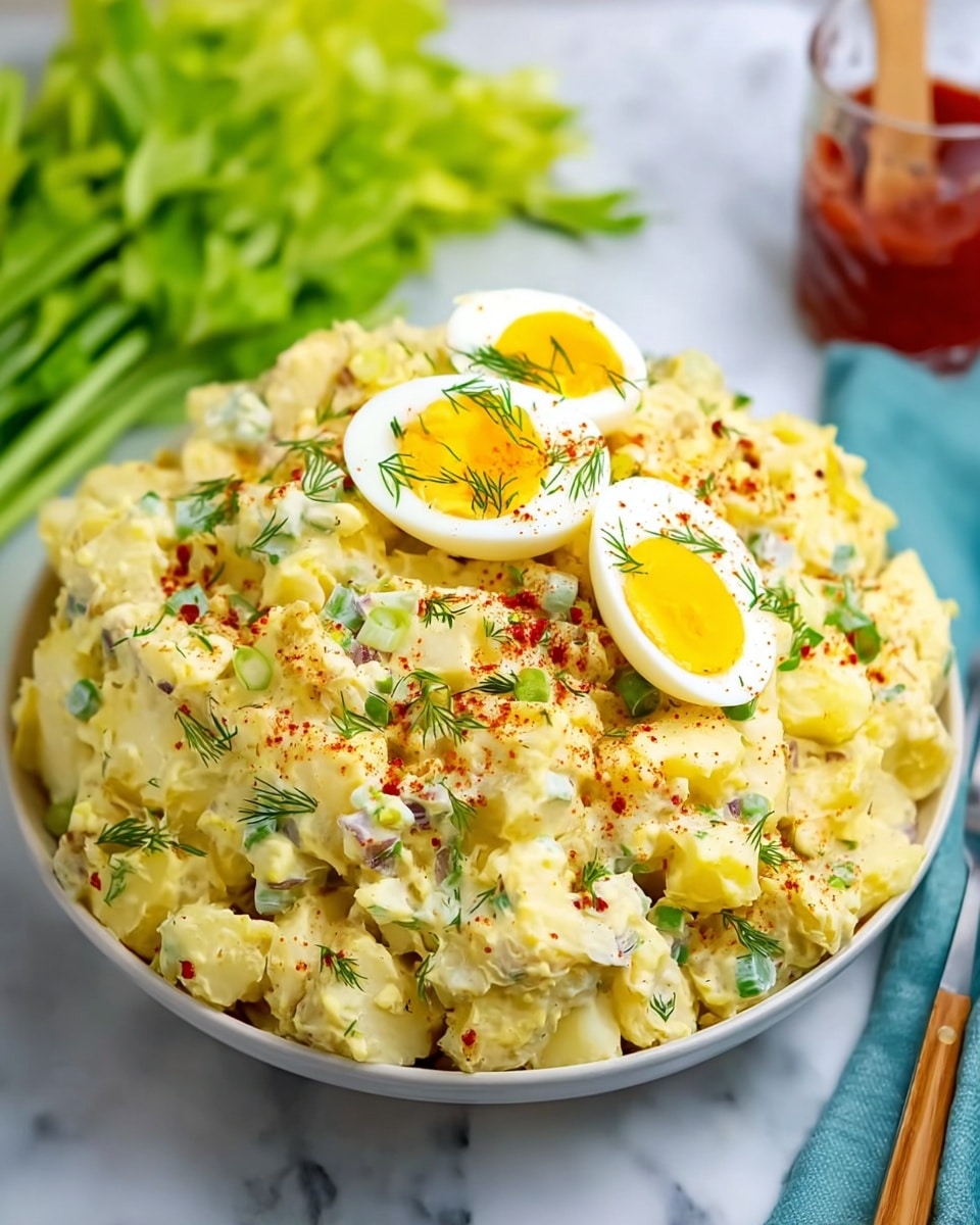 A large mound of creamy yellow potato salad sits in a white bowl, filled with small, chunky pieces of potatoes mixed with green herbs and finely chopped onions, giving it a textured and mixed look. On top of the salad, three halves of boiled eggs with bright yellow yolks are neatly placed, sprinkled with small green dill leaves and a light dusting of red paprika, adding color contrast. The bowl is set on a white marbled surface, and in the blurry background, there is a bunch of fresh green leafy celery and a small glass container with red sauce. photo taken with an iphone --ar 4:5 --v 7