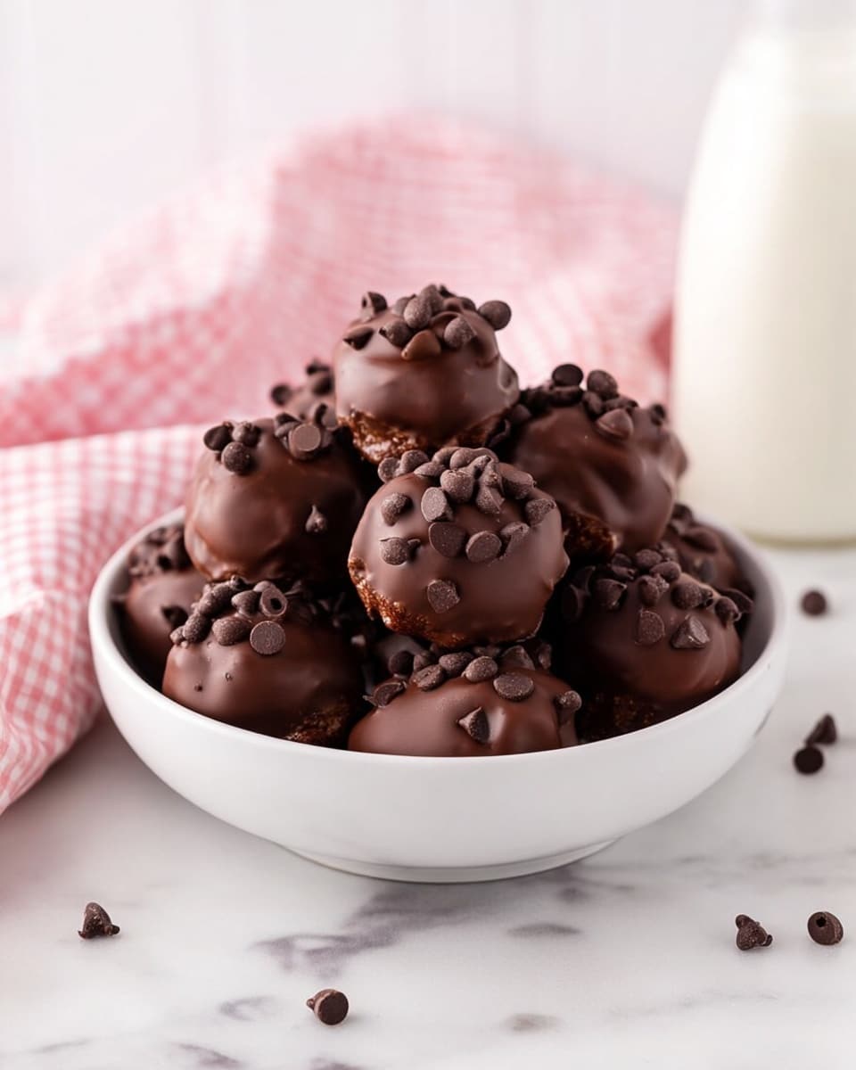 A white bowl filled with round chocolate truffles, each truffle covered in smooth dark brown chocolate and topped with small, uneven clusters of chocolate chips. The truffles are piled on top of each other, showing some glossy and some matte textures with tiny chips scattered around the bowl on a white marbled surface. In the background, a soft-focus pink and white checkered cloth is visible on the left and a full white bottle of milk is on the right. photo taken with an iphone --ar 4:5 --v 7