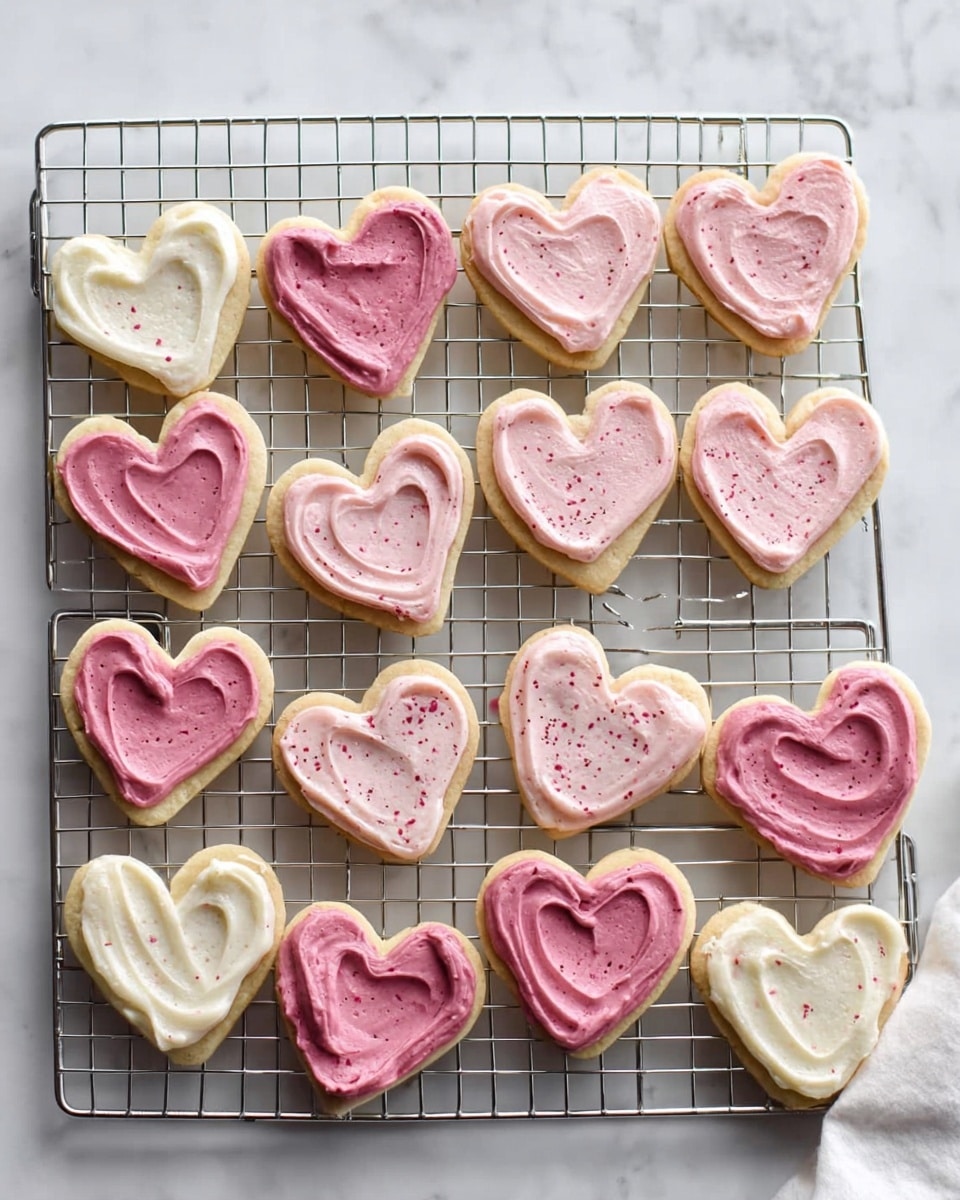 The image shows 14 heart-shaped cookies on a silver cooling rack placed over a white marbled surface. Each cookie has a smooth layer of frosting on top with three different colors: creamy white, pale pink with tiny red specks, and medium pink with more red specks. The frosting is spread in smooth swirls that follow the heart shape, covering the entire top of each cookie evenly. The cookies are golden-brown around the edges, and the rack holds them in a loose grid pattern with some small gaps between them. photo taken with an iphone --ar 4:5 --v 7