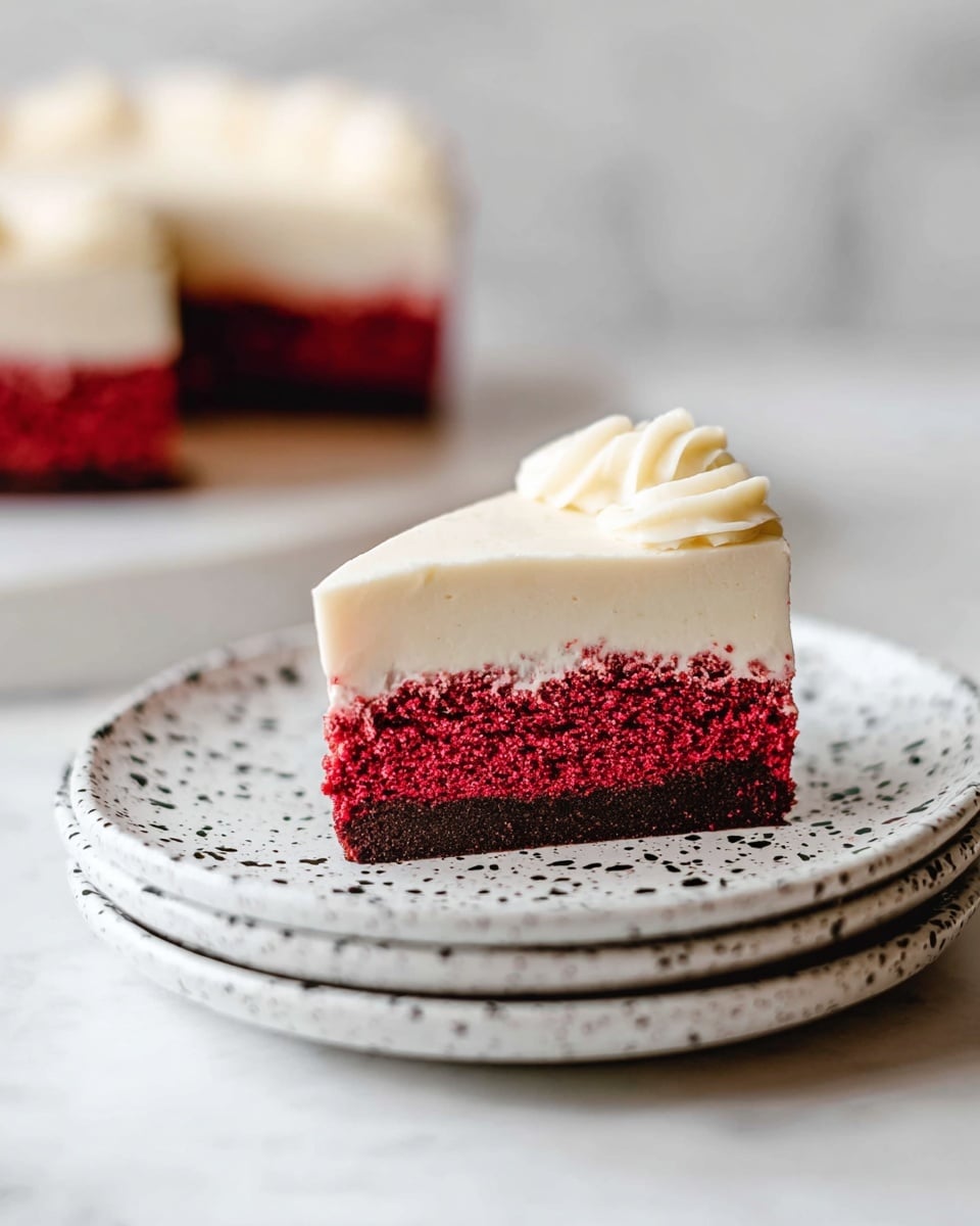 A single slice of cake is shown on a white plate with black speckles, which is stacked on another similar plate. The cake has three layers: the bottom layer is a thin dark brown crust, the thick middle layer is a bright red, dense, creamy filling with a slightly rough texture, and the top layer is a smooth, creamy off-white frosting with gentle waves. In the blurred background, part of the rest of the cake can be seen. The setting is a white marbled texture. photo taken with an iphone --ar 4:5 --v 7