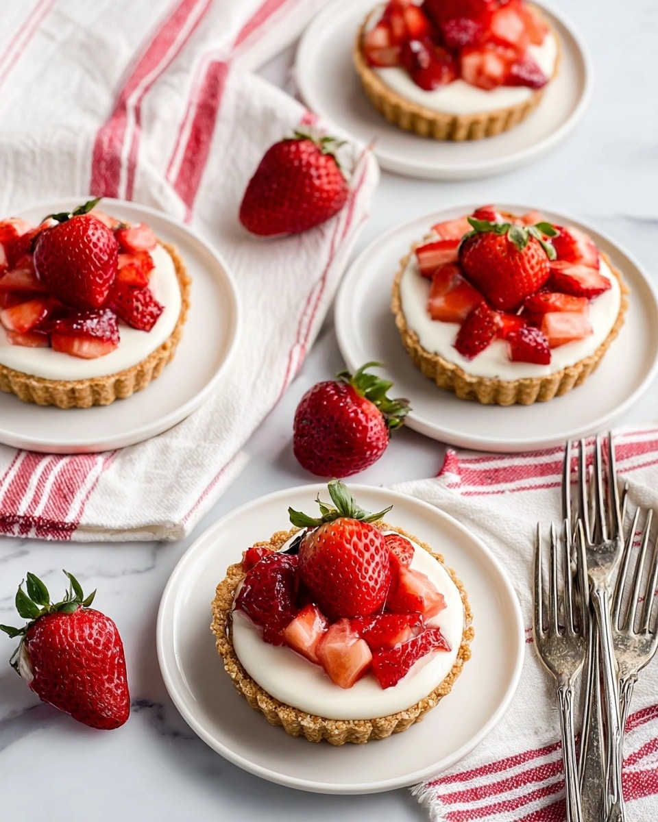 The image shows four small tartlets placed on white plates, each tartlet has three layers: a golden brown crust base, a thick smooth white cream filling on top, and fresh red strawberries cut into small pieces arranged over the cream, with one larger strawberry in the center of each tartlet. The tartlets are arranged on a white marbled surface with a white and red striped cloth and three silver forks nearby. There are also two whole fresh strawberries placed on the surface near the tartlets. photo taken with an iphone --ar 4:5 --v 7