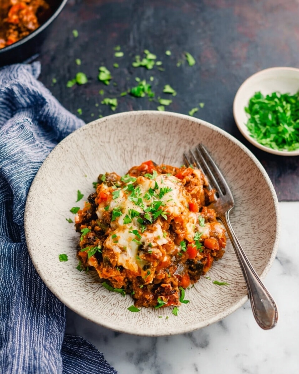 A serving of mixed cooked vegetables and ground meat with melted cheese on top is placed in a white bowl with a textured surface, garnished with chopped green herbs. The dish contains layers of brown meat, orange and red vegetables, and a creamy melted cheese layer, all mixed together. A silver fork is placed on the right side inside the bowl. Nearby, there is a small white bowl with chopped green herbs on a white marbled surface, along with a blue and white striped cloth. photo taken with an iphone --ar 4:5 --v 7
