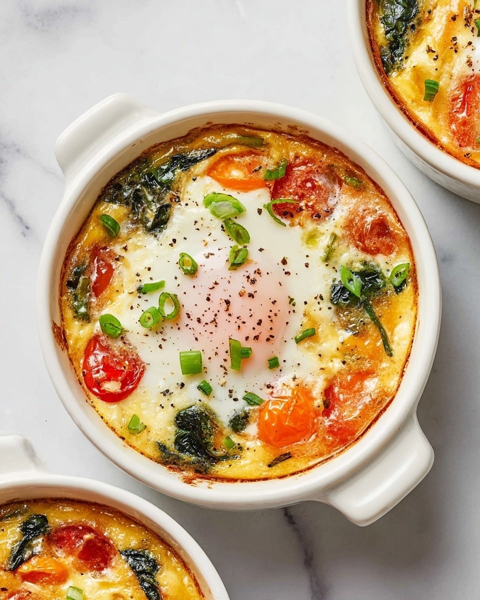 A white round ceramic dish holds a baked egg dish with two layers clearly visible. The bottom layer is creamy yellow-orange with specks of red and green, showing cooked cherry tomatoes, chunks of orange bell pepper, and wilted dark green spinach leaves. The top layer features two soft baked eggs with smooth white edges and clear yolks beginning to show a light pink tinge. The eggs are sprinkled with small chopped green onions and coarse black pepper. The dish is placed on a white marbled surface with part of two similar dishes visible on the edges. photo taken with an iphone --ar 4:5 --v 7