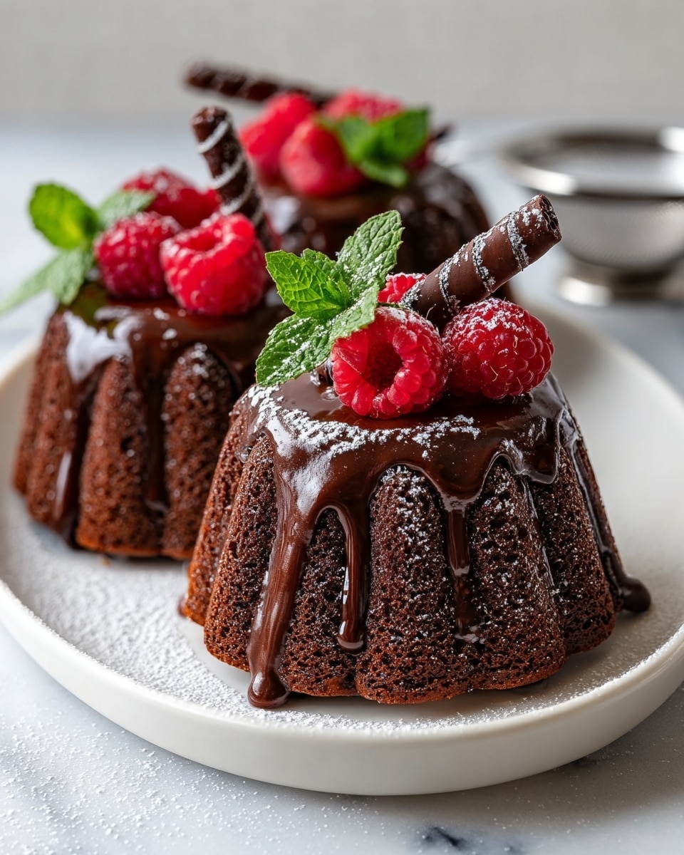 Three small chocolate bundt cakes are arranged in a row on a white plate set on a white marbled surface. Each cake has a rich, dark brown texture with distinctive ridges from the bundt mold. A thick layer of glossy chocolate sauce drips down the sides of each cake. On top, there are fresh red raspberries, two curled dark chocolate sticks, and bright green mint leaves, adding a pop of color. A light dusting of powdered sugar surrounds and tops the cakes, enhancing their look. The background is blurred with a small silver sieve visible out of focus. Photo taken with an iphone --ar 4:5 --v 7