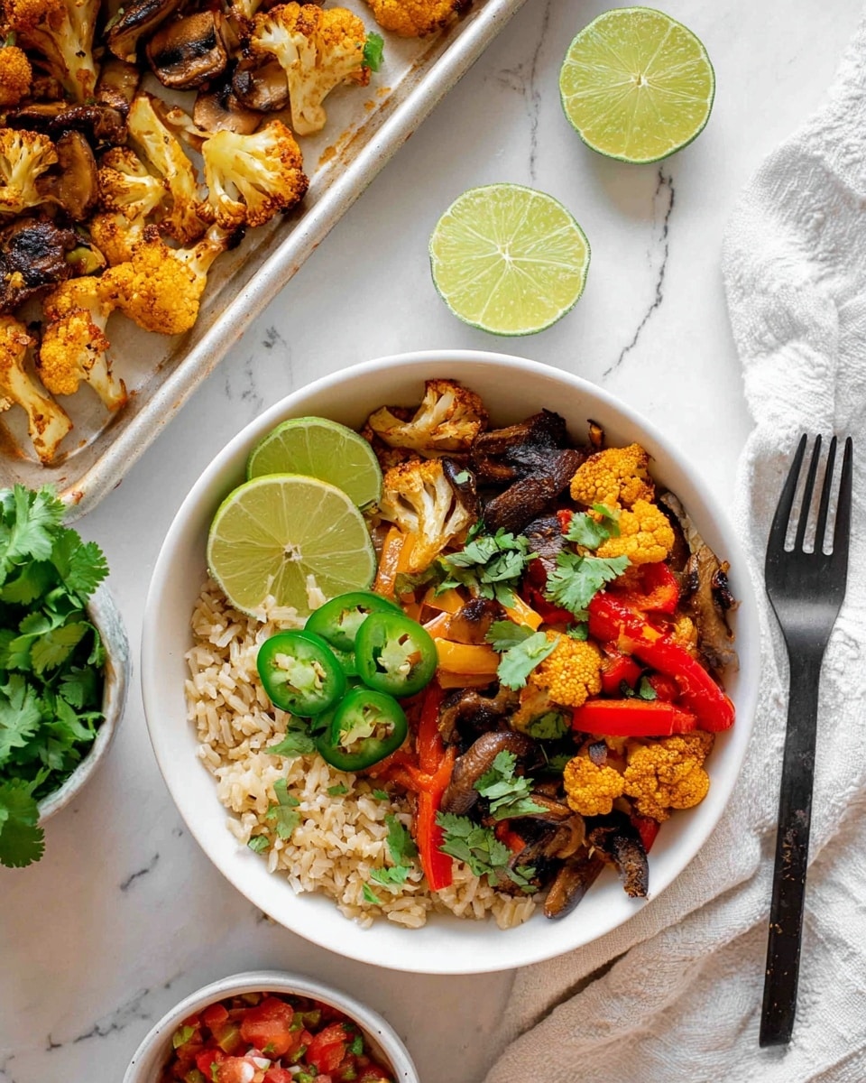 The image shows a metal tray filled with roasted vegetables including cauliflower florets, sliced red and yellow bell peppers, red onion pieces, and mushrooms, all charred slightly to give a mix of golden brown, orange, red, and dark brown colors, spread evenly across the tray to form a colorful single layer. On the right side of the tray, there is a stack of soft, light yellow corn tortillas resting on a white marbled surface, with lime halves, sliced jalapeños, and small bowls of green guacamole and fresh cilantro placed around the tray as toppings. The background is a smooth white marbled texture. photo taken with an iphone --ar 4:5 --v 7